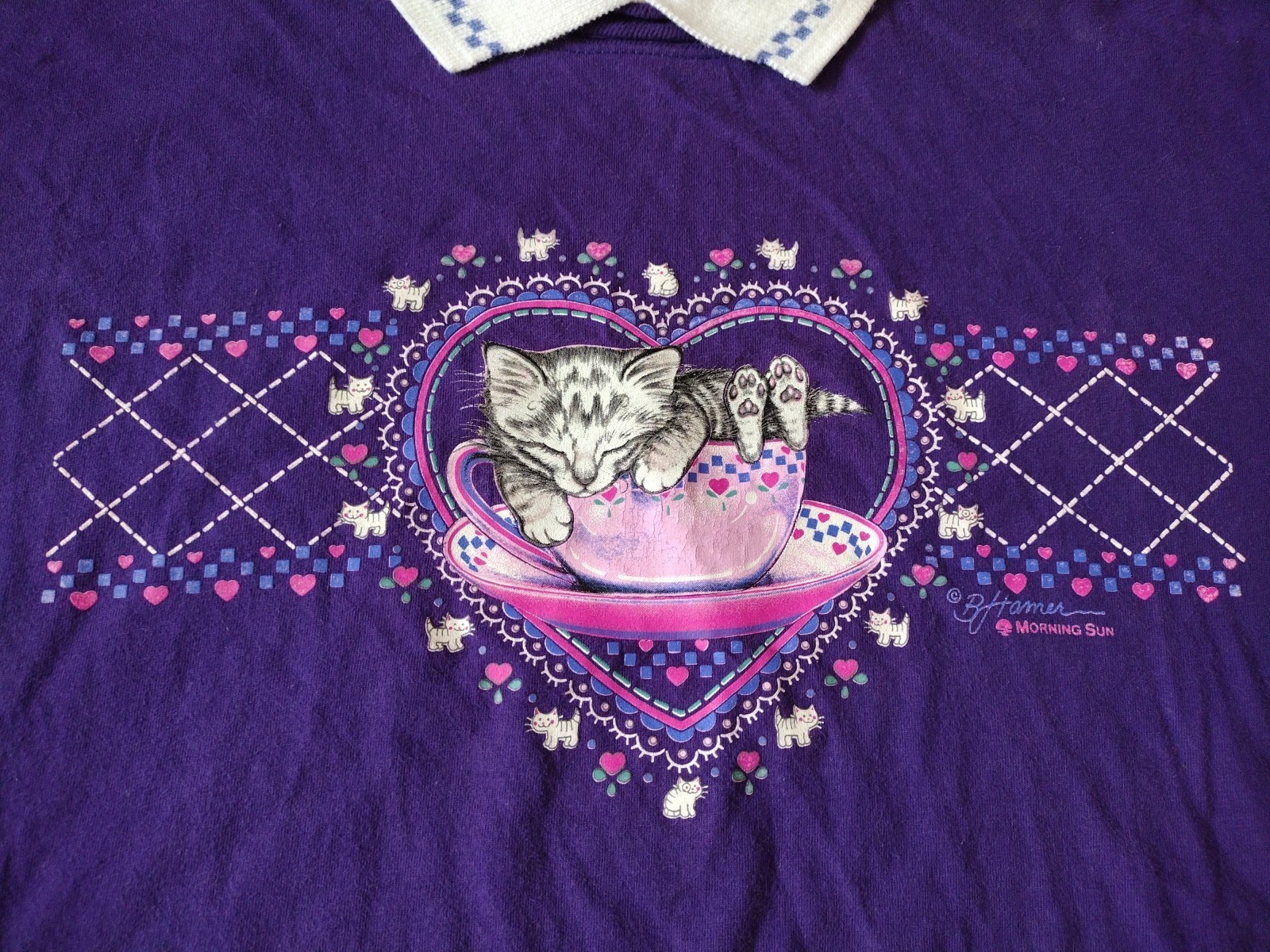 Vintage XL Grandma Style Morning Sun Jerzees Purple Cat Sleeping USA Made Shirt