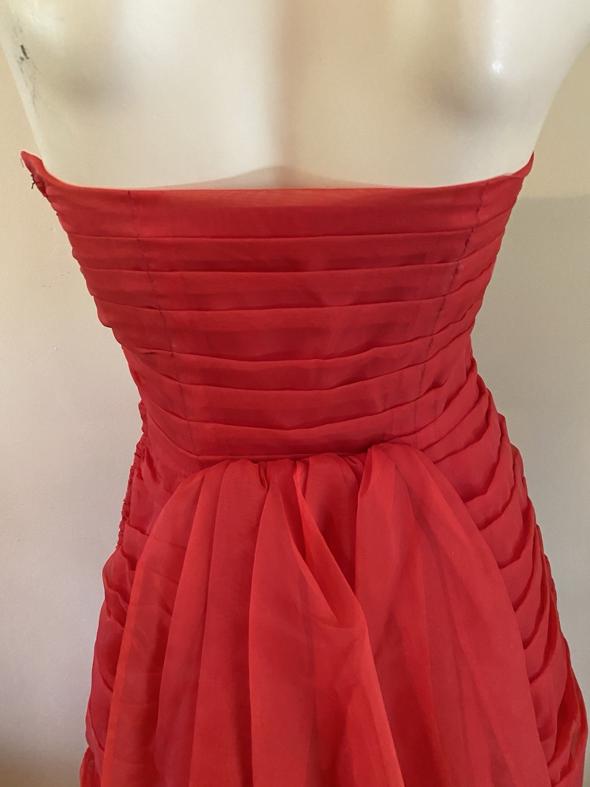 VTG 50s Red Chiffon Strapless Evening Cocktail Prom Gown Dress XS