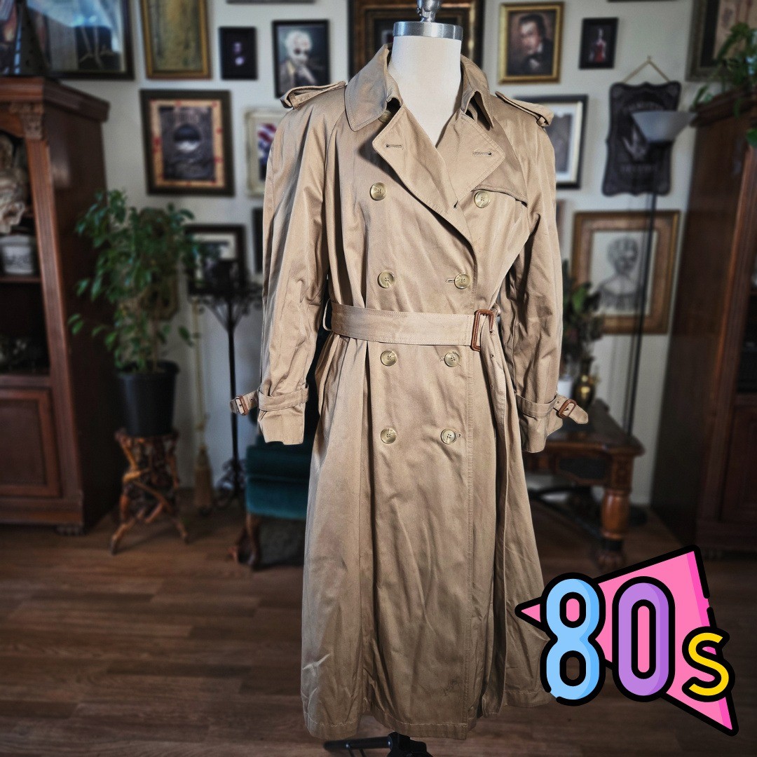 Evan Picone Trench Coat Vintage 80s Tan Double Breasted Belted Rain Jacket 14P