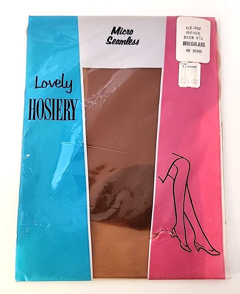 Vintage Lovely Hosiery Micro Seamless Beige Size 9 1/2 IRREGULARS NIP *Mark READ