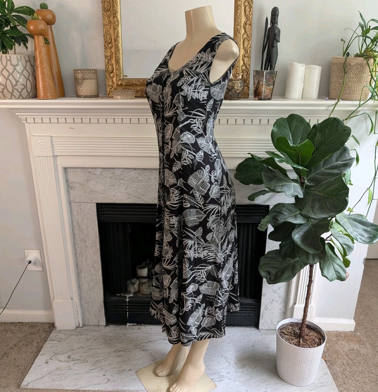 Vintage 90s Black Gray Graphic Shirtdress Size 8 Y2K Retro Tank Leaf Print