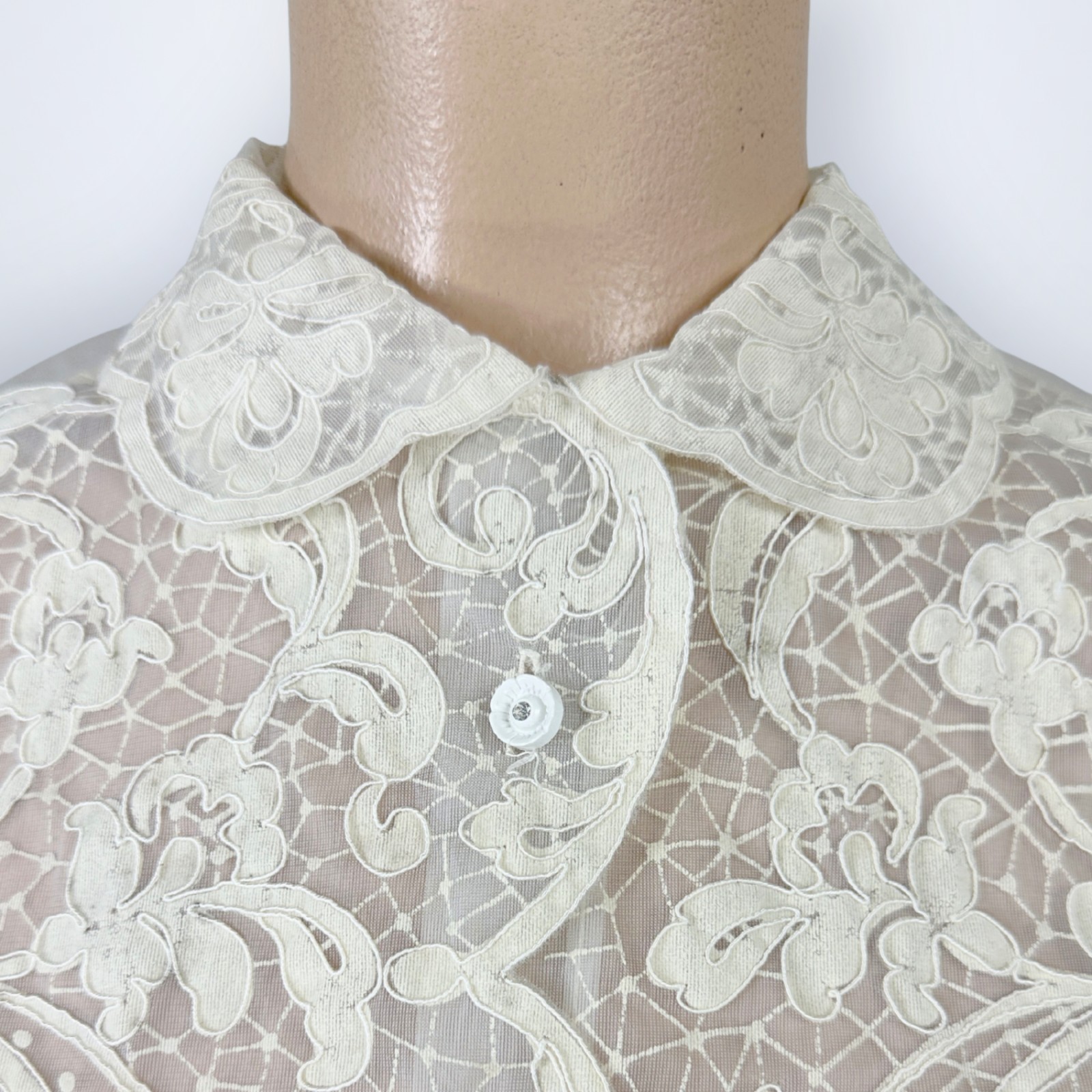 Vintage 1950s Alice Stuart Sheer White Illusion Lace Flock Printed Blouse Top