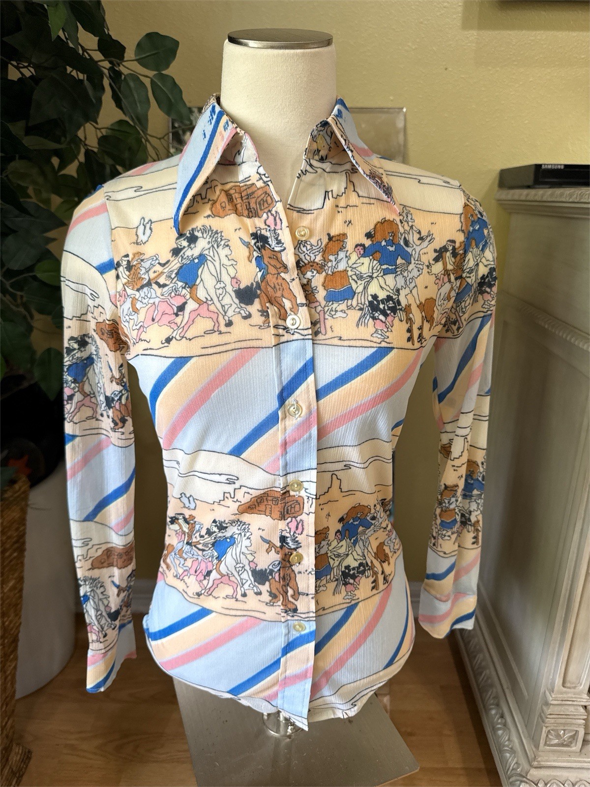 Vintage 70s Western Cowboy Rodeo Print Shirt Womens M Currants Jeri Jo Button