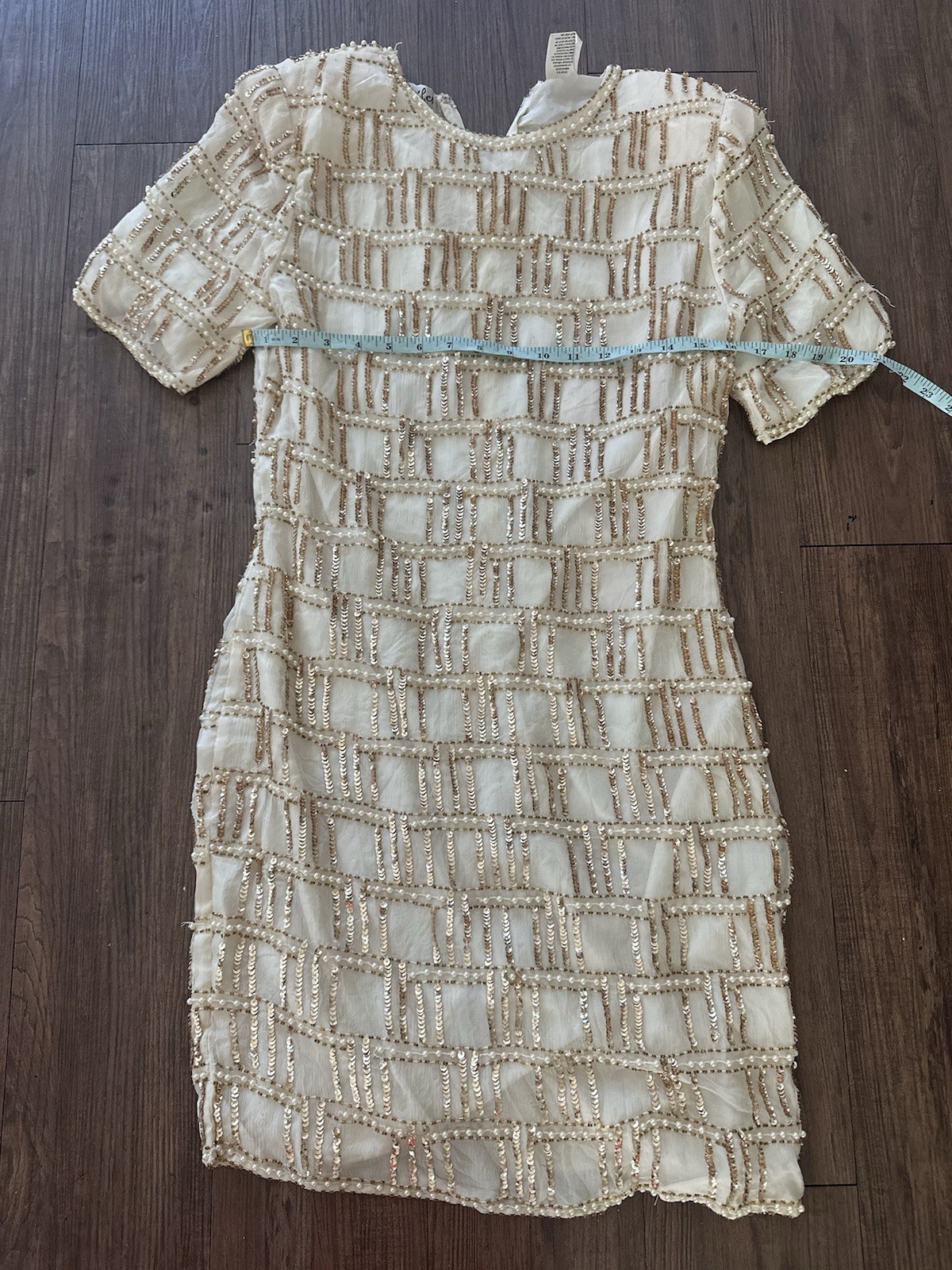 Vintage 90s Beige Silk Beaded Cocktail Dress Jennifer KVM M