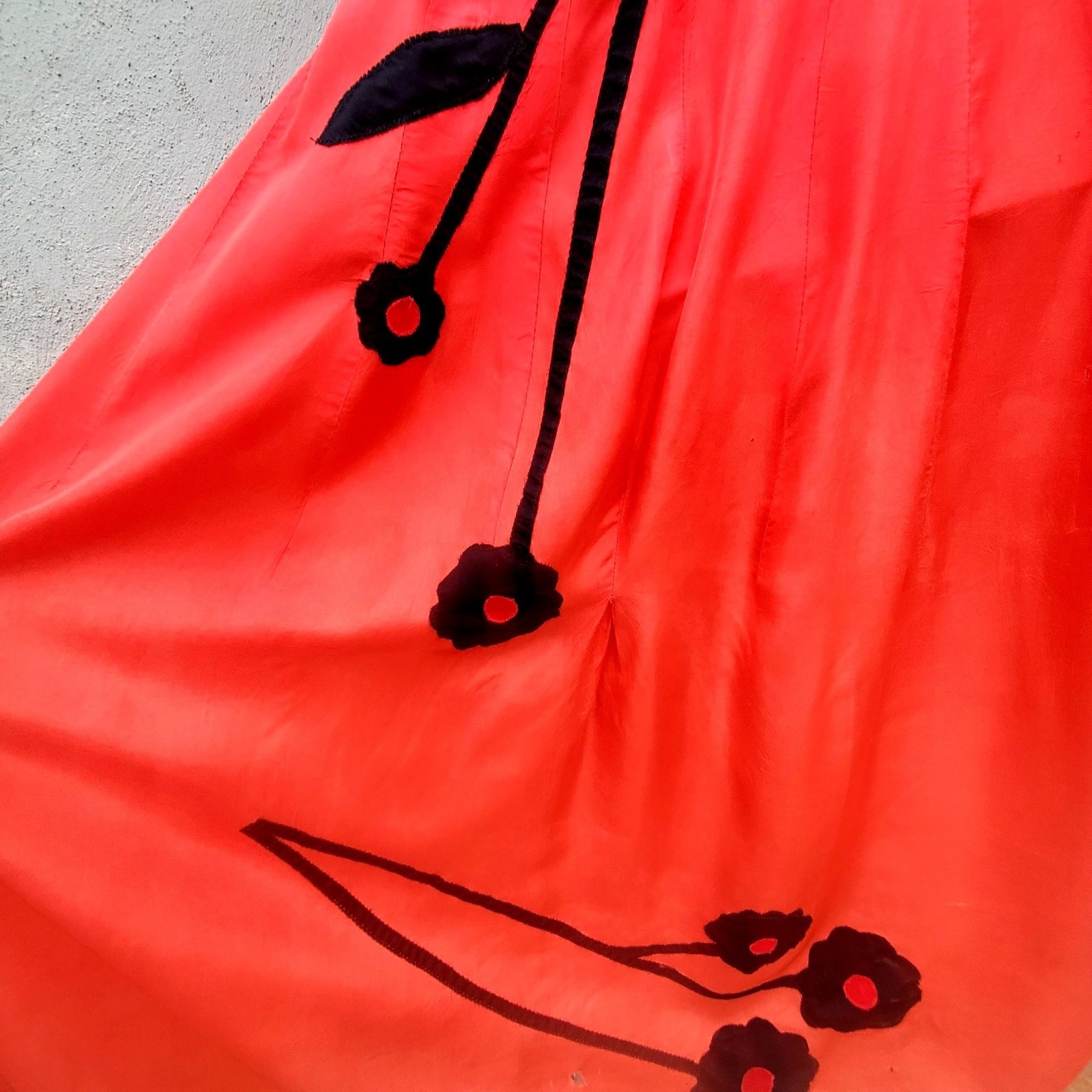 Vintage 30s Style Red Orange Acetate Maxi Size S Black Appliqué Gown Prom Dress