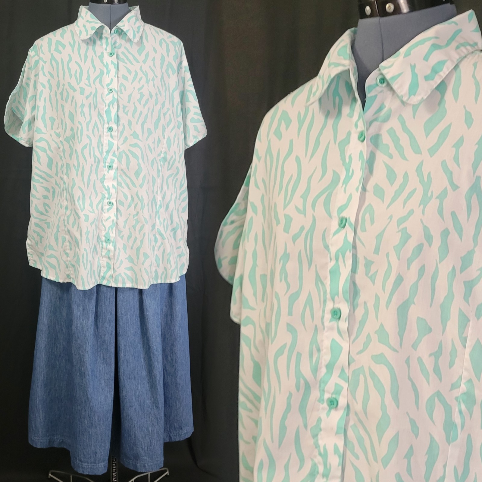 Vtg American Sweetheart S/S Top White w Mint Print & Tulip Sleeves Size XL/2XL?