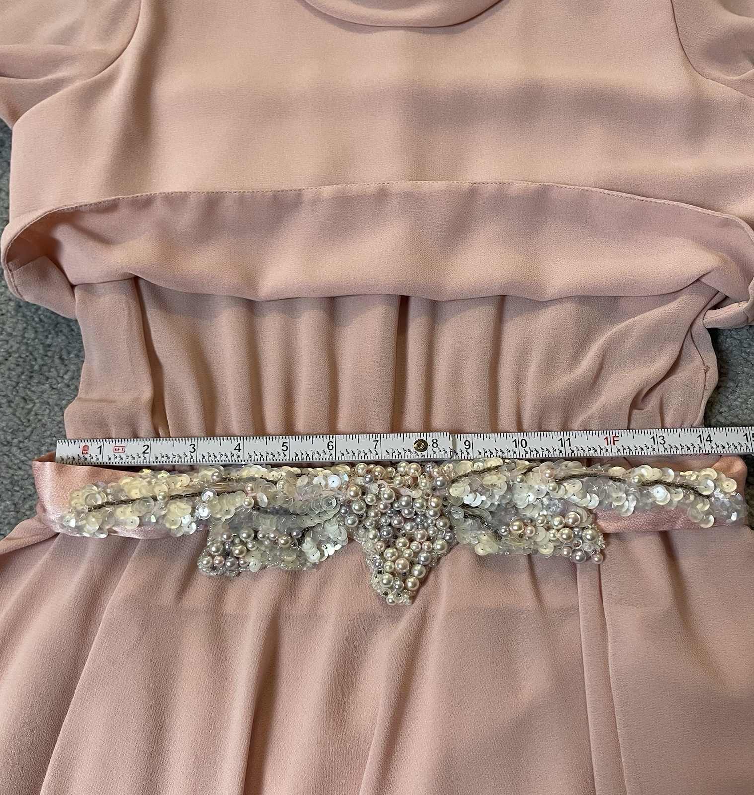 70s Cowl Neck Formal Evening Dress L Embellished Belt Faux Pearl Elegant Classic