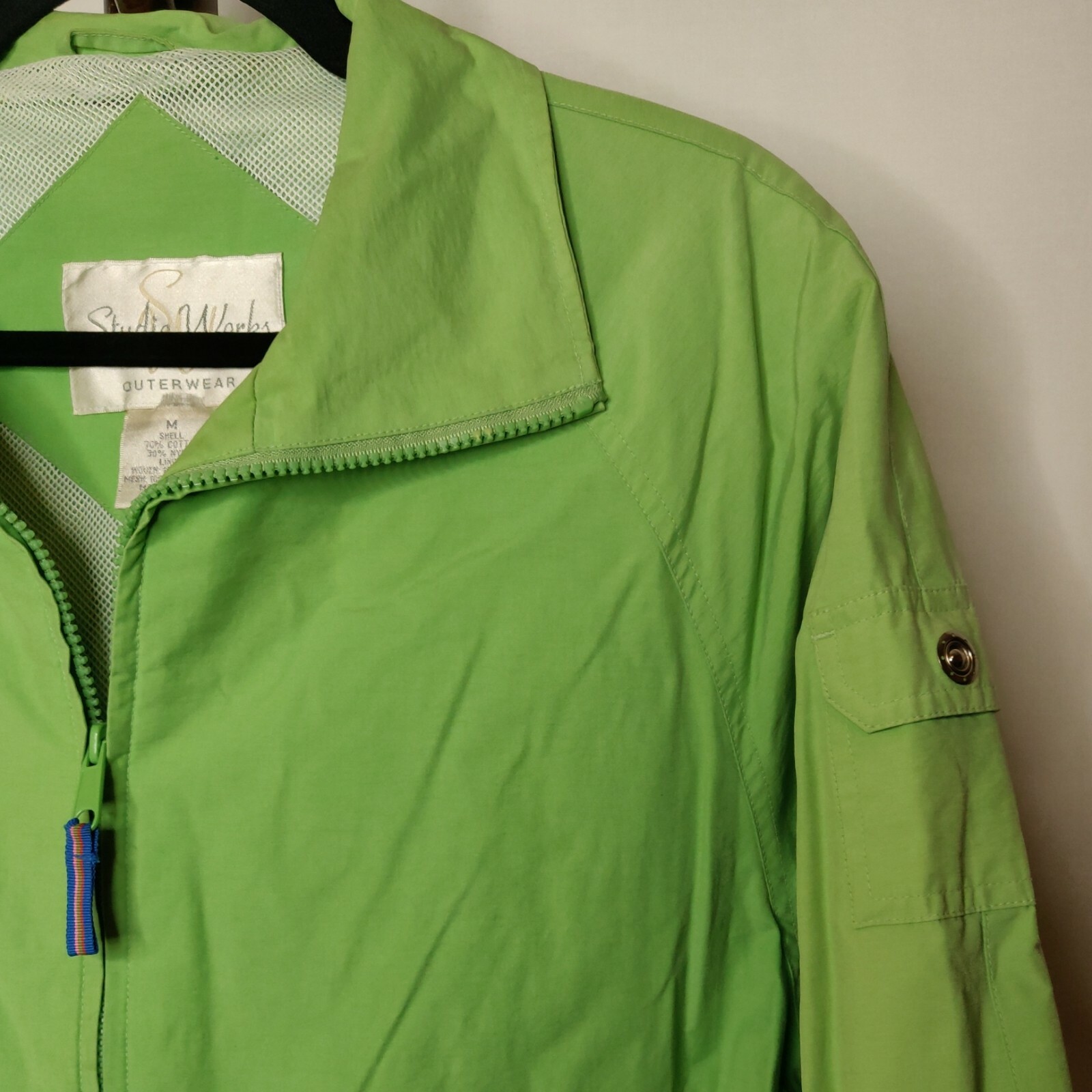 Studio Works Outerwear women’s M jacket green collar zip long sleeves 2 pockets