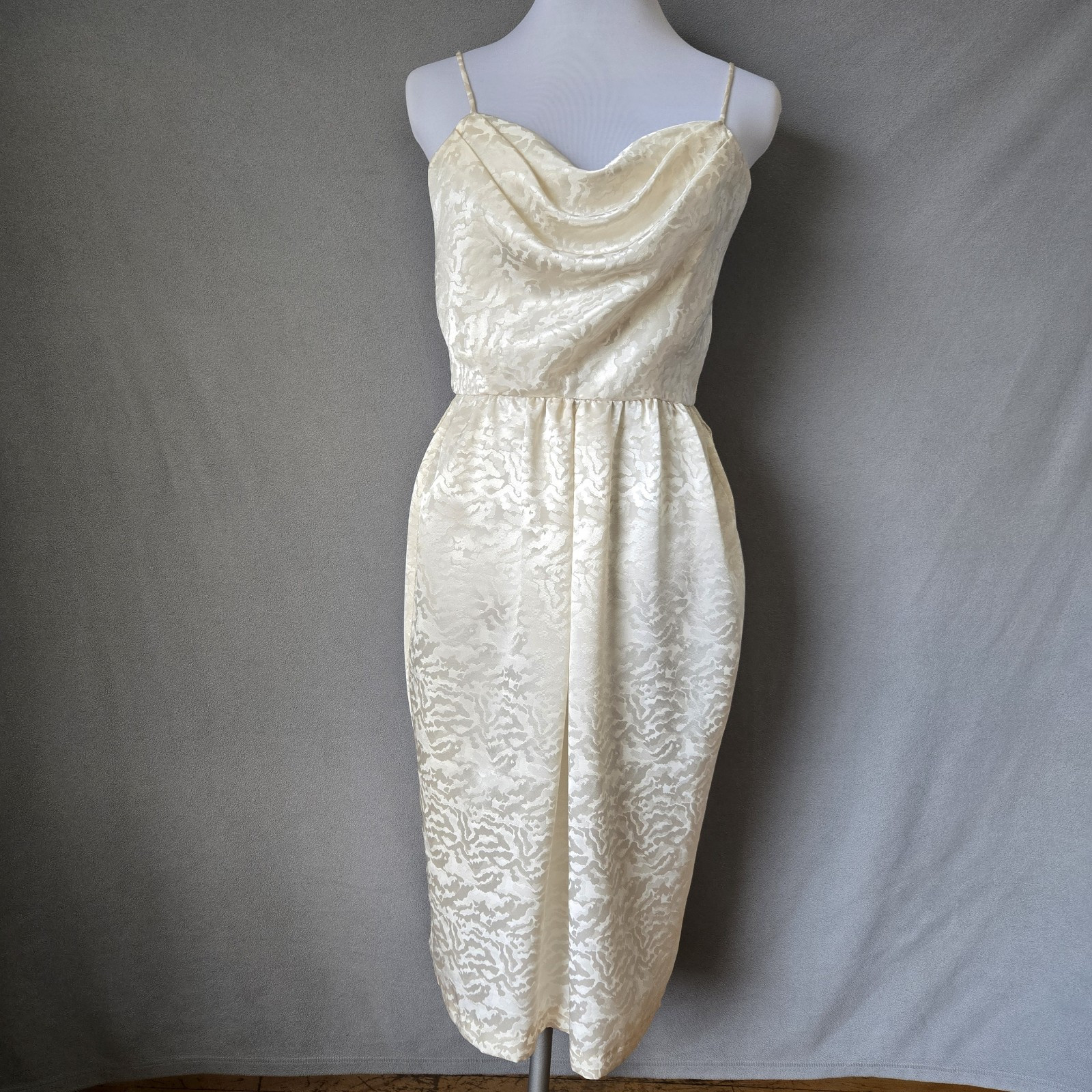 Vintage 70s White Satin Dress Cowl Neck Spaghetti Strap 9/10