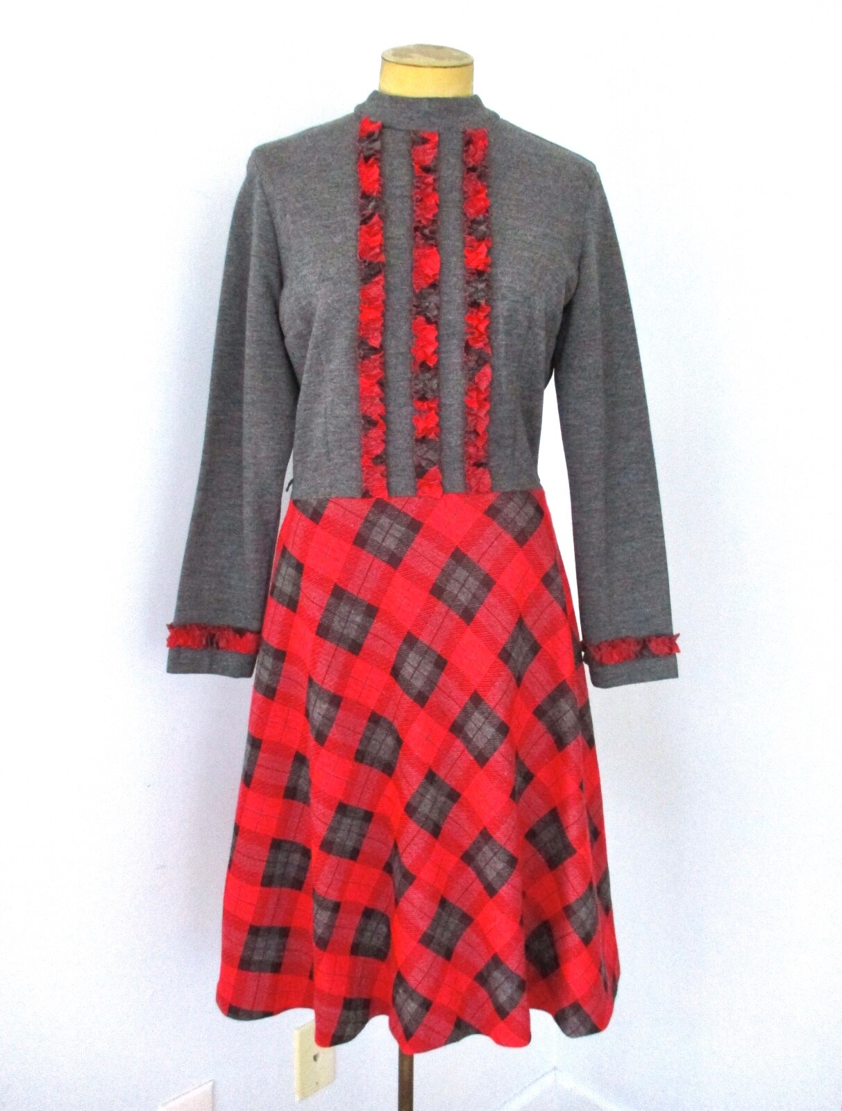 Vtg 60s 70s mod gray red plaid knit fit flare Brady dress tux ruffle stripes 14