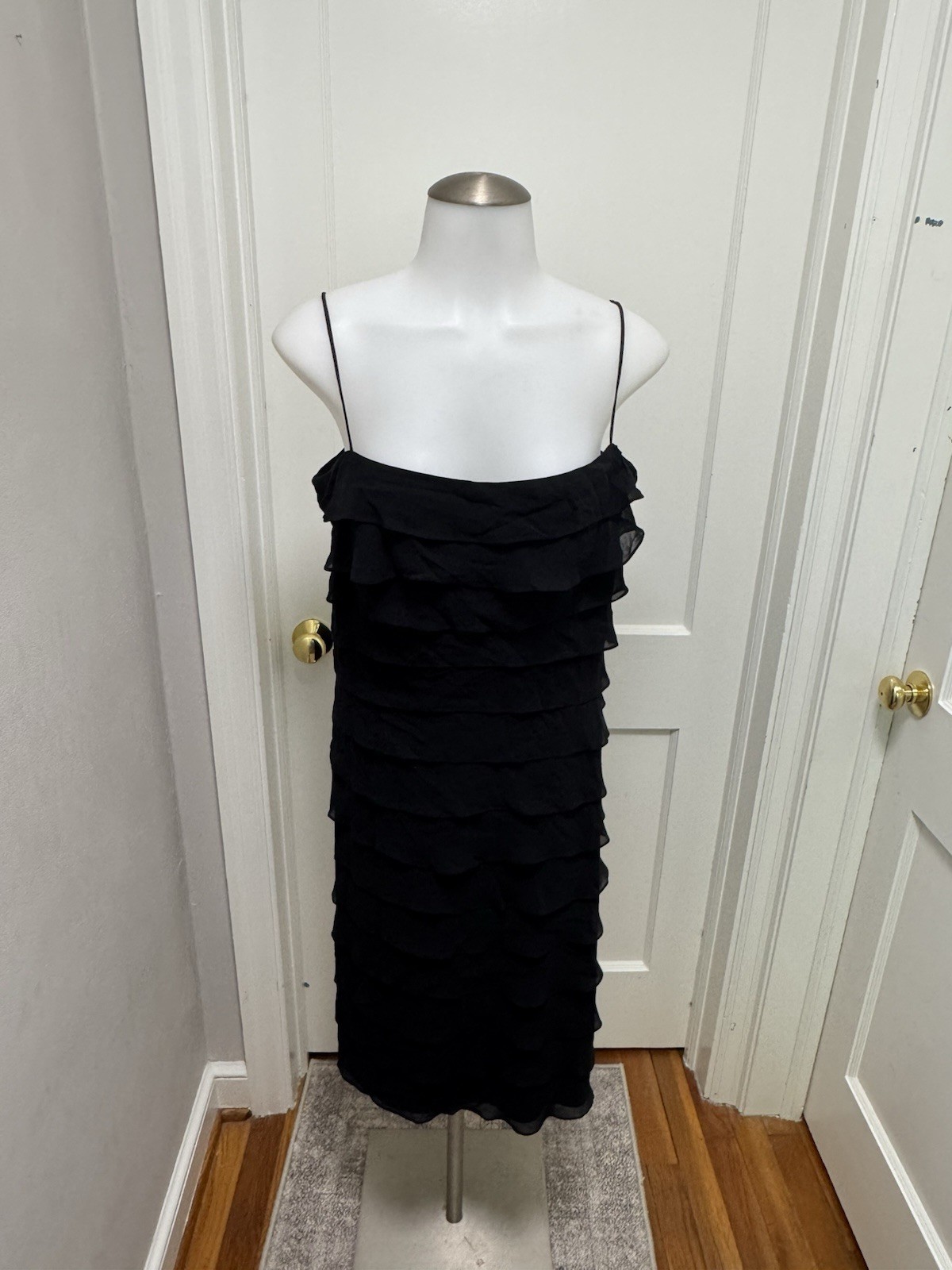Tadashi Shoji 100% Silk Black Tiered Ruffle Cocktail Dress Sz 14 Spaghetti Strap