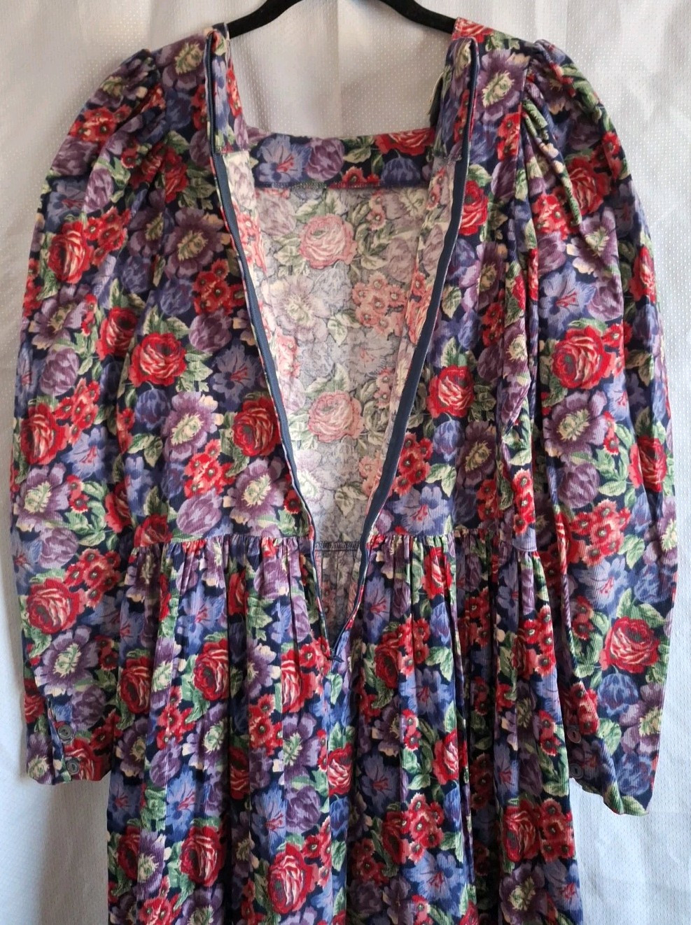 VTG 1990s Laura Ashley Blue Red Purple Floral Puff Sleeve Corduroy Dress 10