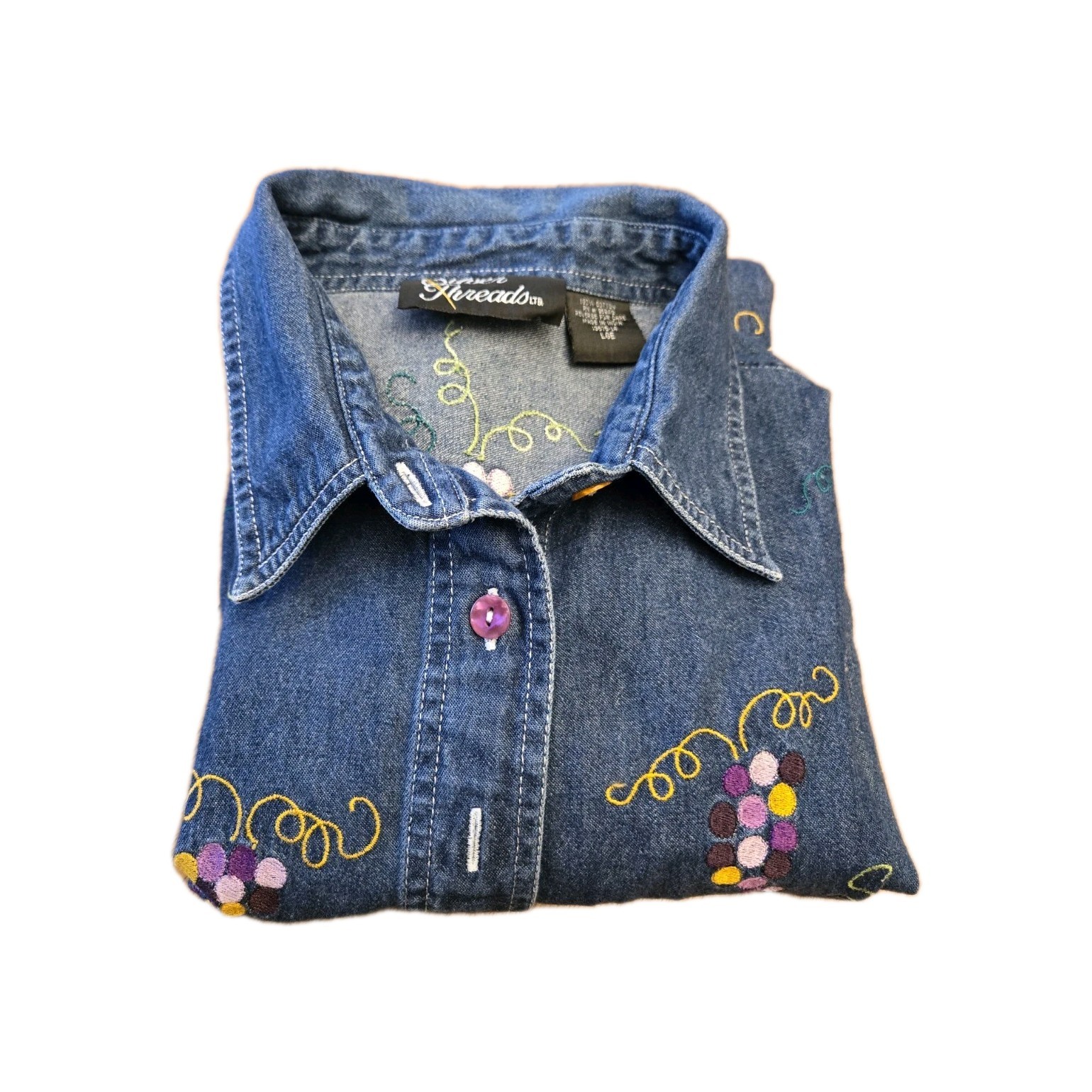 Silver Threads Vintage Embroidery Jean Shirt Large Multicolor Grapes Size LARGE