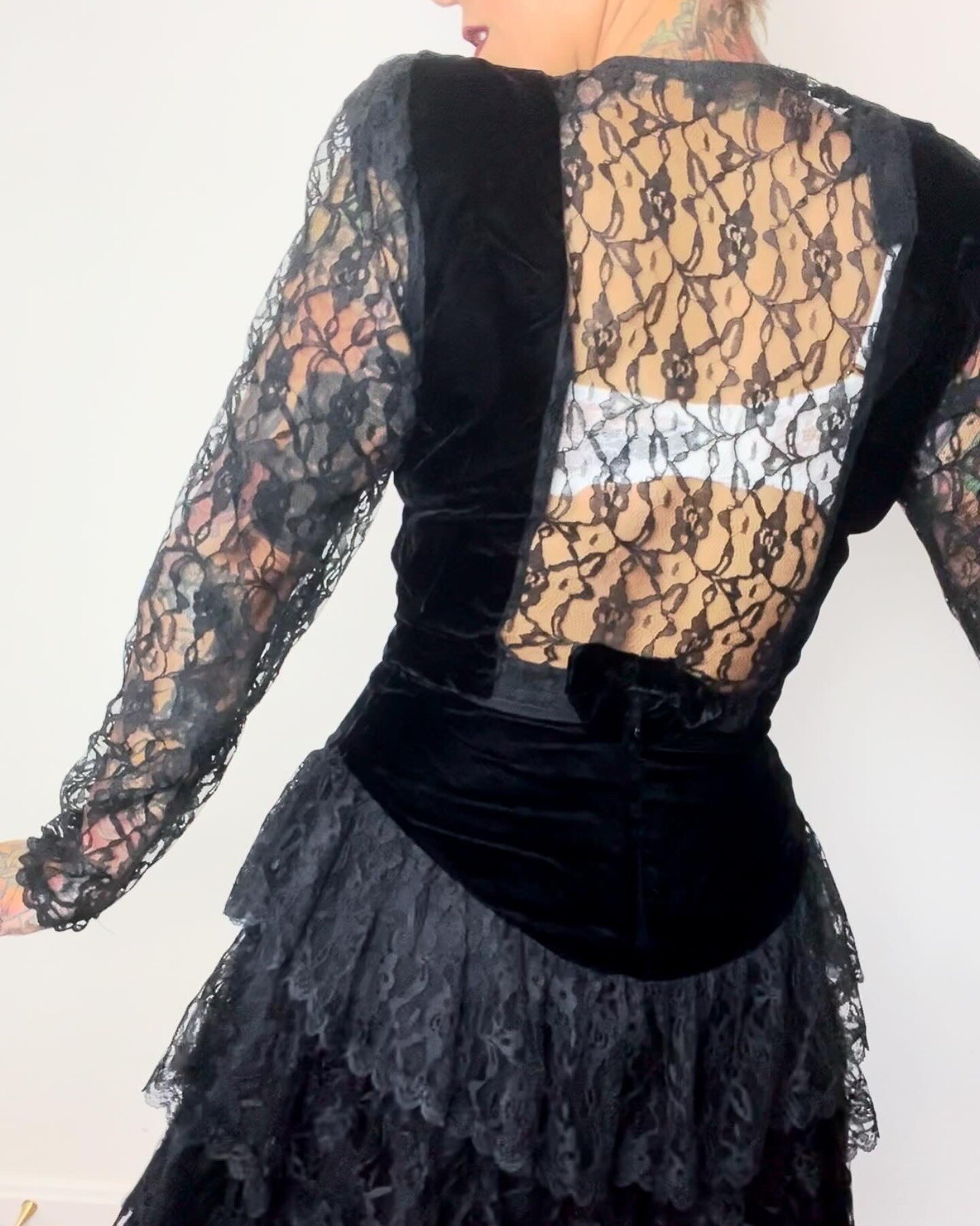 GOTH Punk 1980’s 80s Vintage Velvet & Sheer Lace Sleeve Prom Top Skirt Dress S M