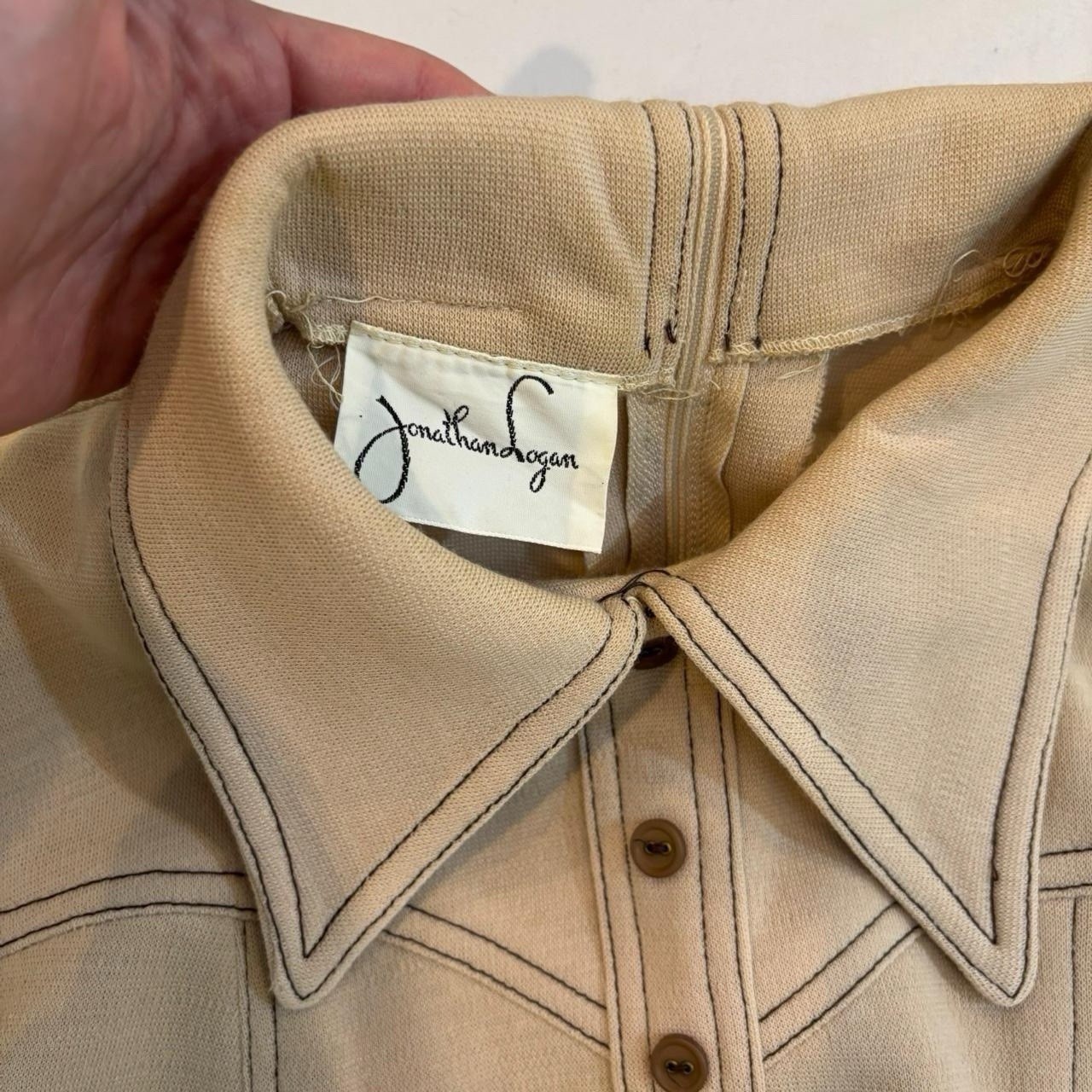 Tan Collared Brown Belted Dress Brown Stitching Vintage 70s Jonathan Logan Sz S