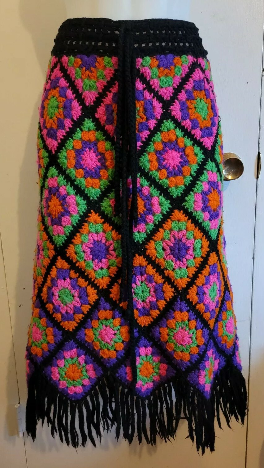 STUNNING Vintage 70s Empress 100%Wool Crochet Skirt Medium Psychedelic RARE