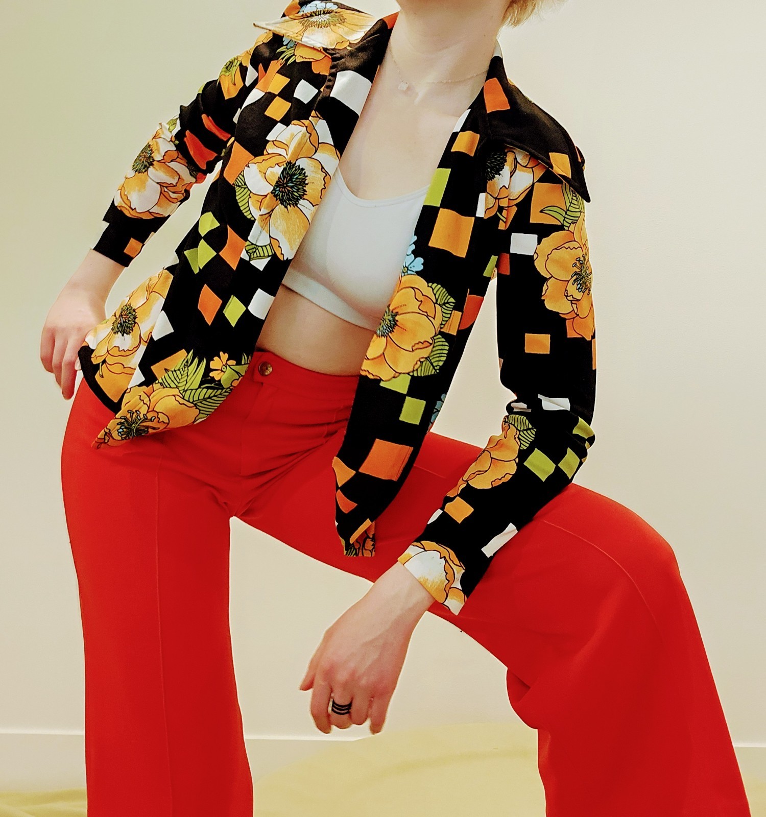 1970s Vintage Dagger Collar Blazer Blouse Orange Green Black White Disco Shirt