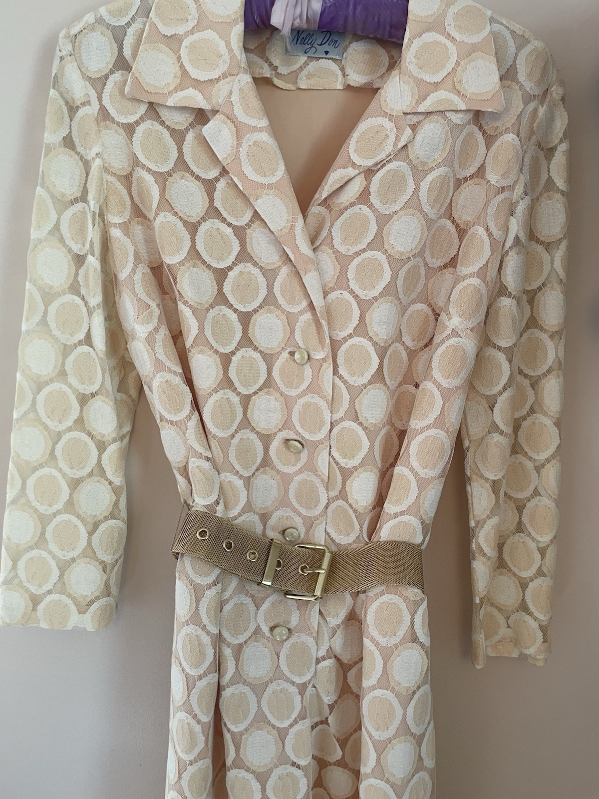 Nelly Don Peachy Cream Circle Lace Coat Dress 1960s Palm Beach Size 10 Mod Party