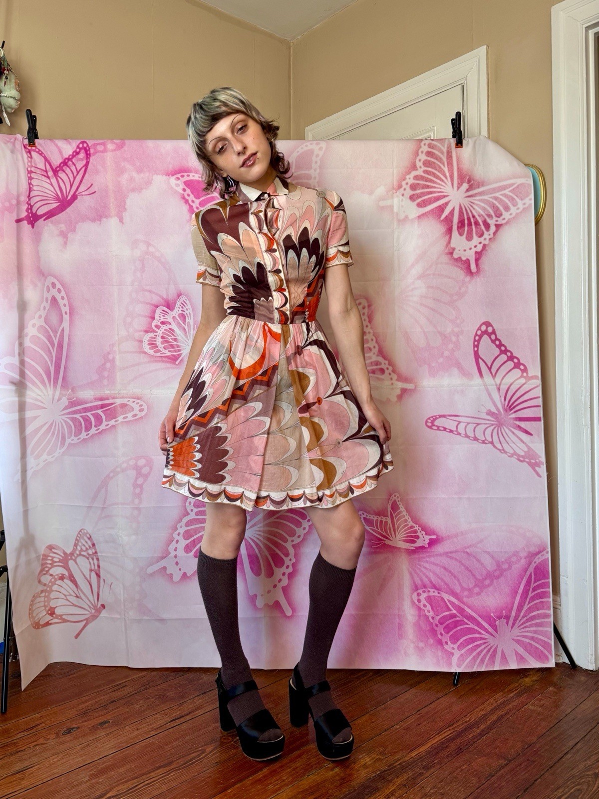 1960s Emilio Pucci Pink-Orange-Brown Psychedelic Printed Cotton ss Dress