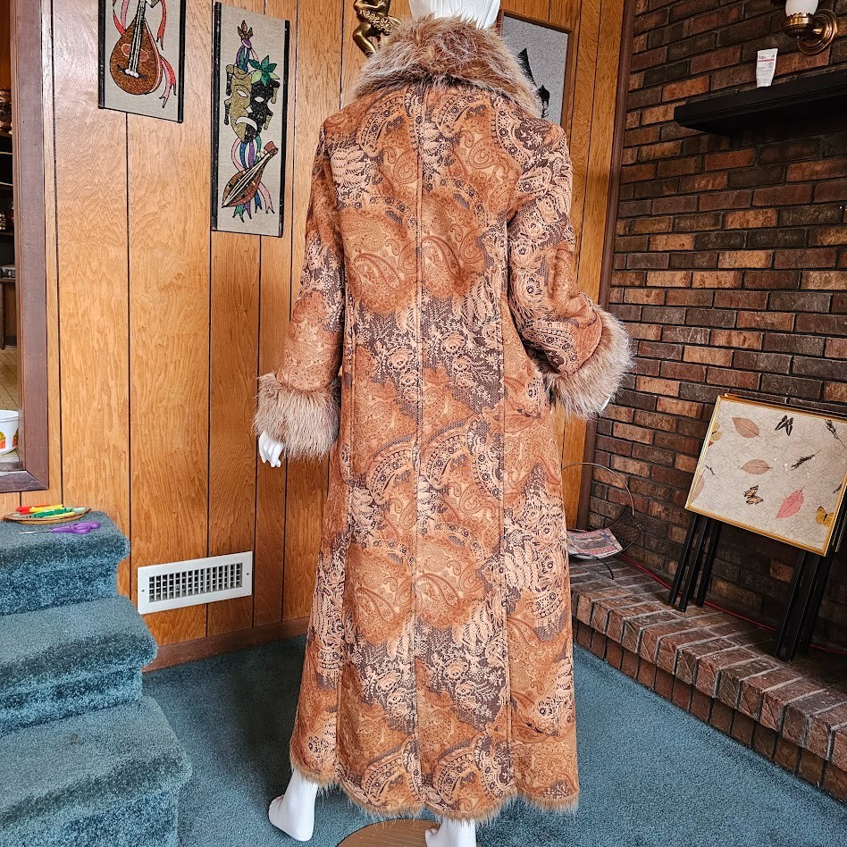 Vtg 90s do 70s Penny Lane Hippie Faux Fur Jacket Shaggy Afghan Tapestry Coat M