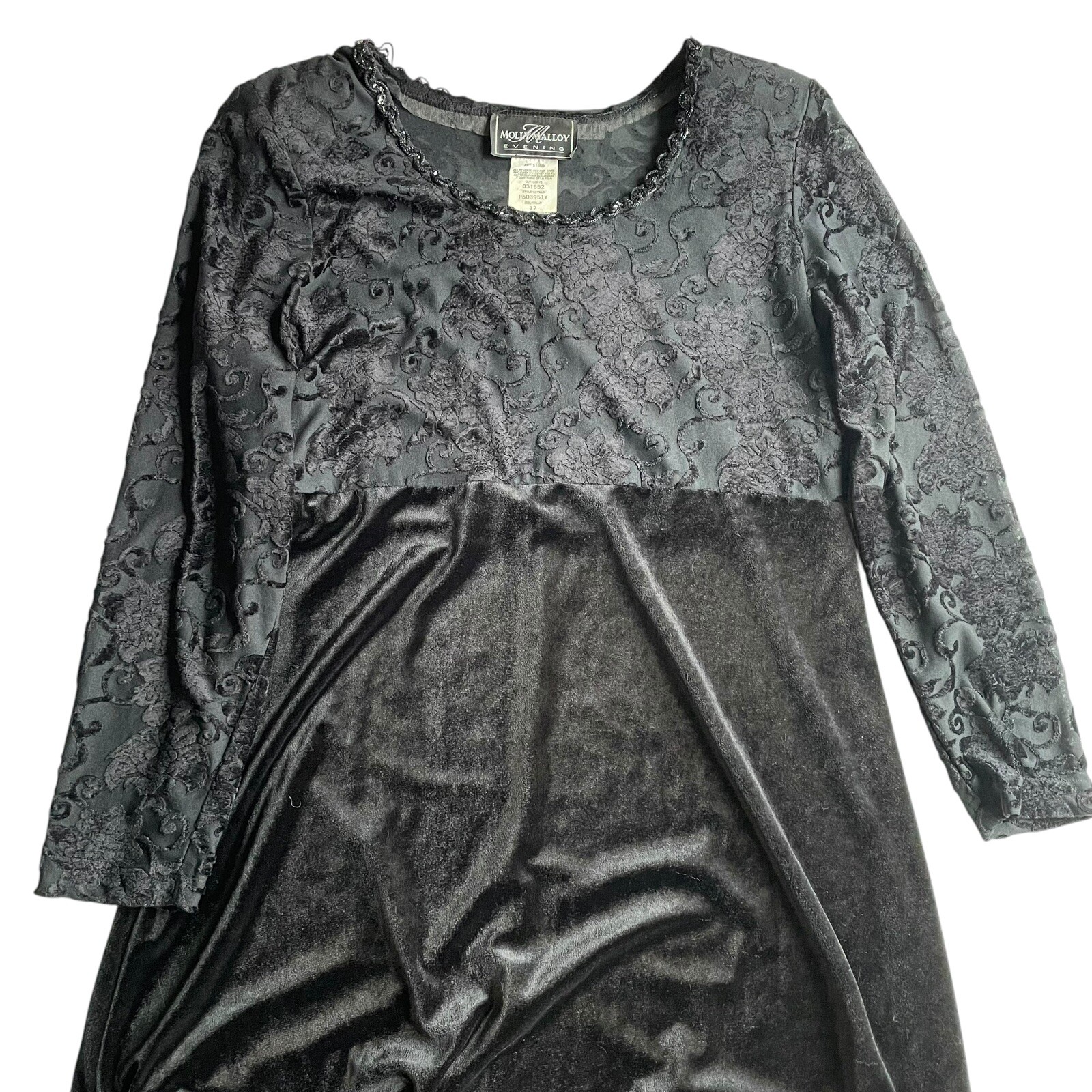 Vintage Molly Malloy Velvet Dress Gown Black Size 12 Burnout Floral beaded USA