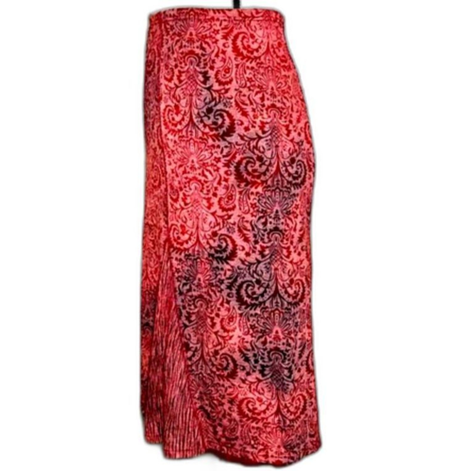 Vtg 90s Tribal Women XL Damask Paisley Midi Skirt Godet Maroon Red Bulgaria Knit