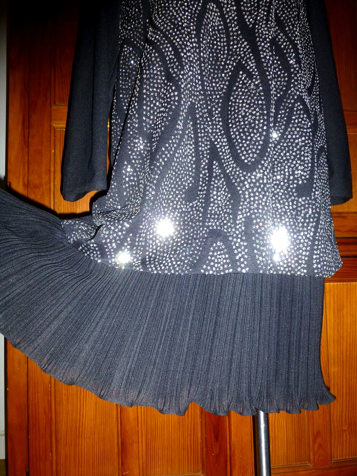 VTG 70s Black Shimmer glitter Micro Pleats Disco evening shift DRESS L XL