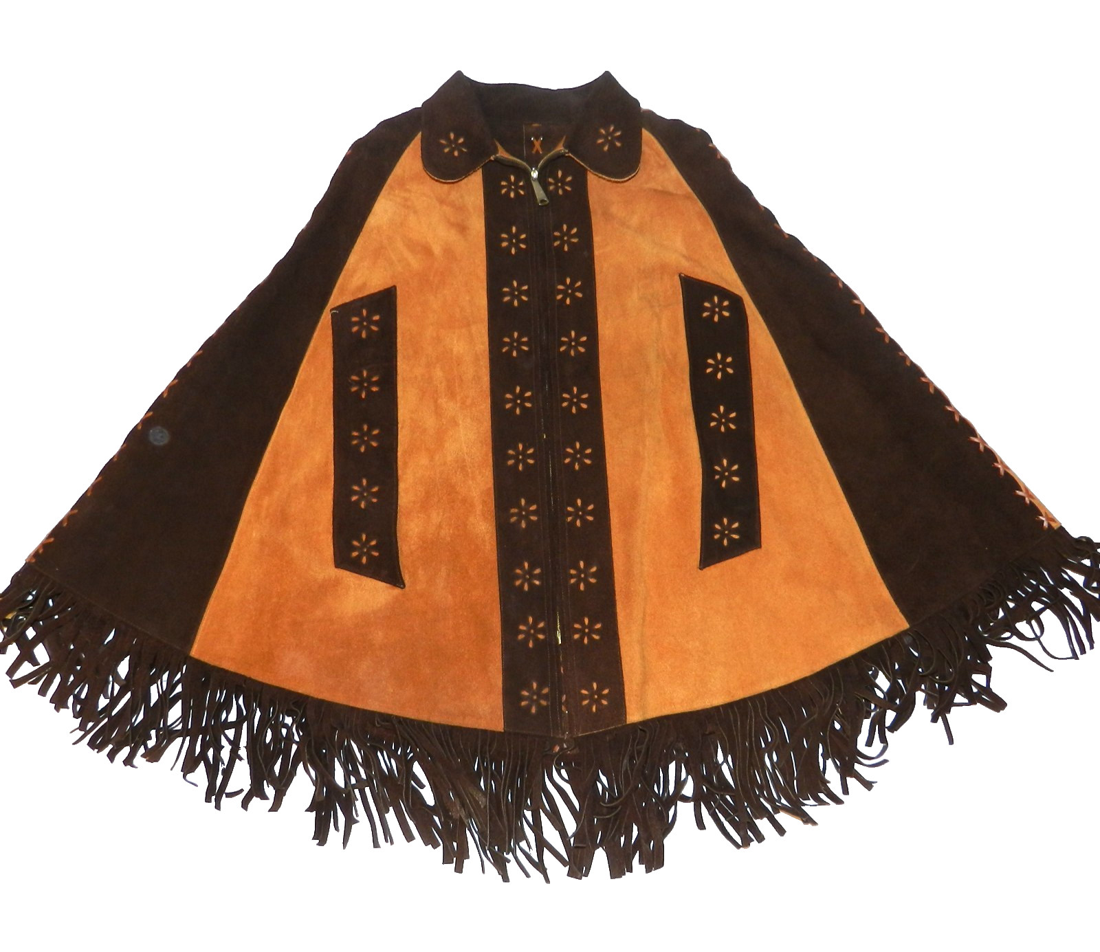 Vintage 60s Cape Poncho 2 Tone Brown Leather Fringe Perforated Floral Hippy M