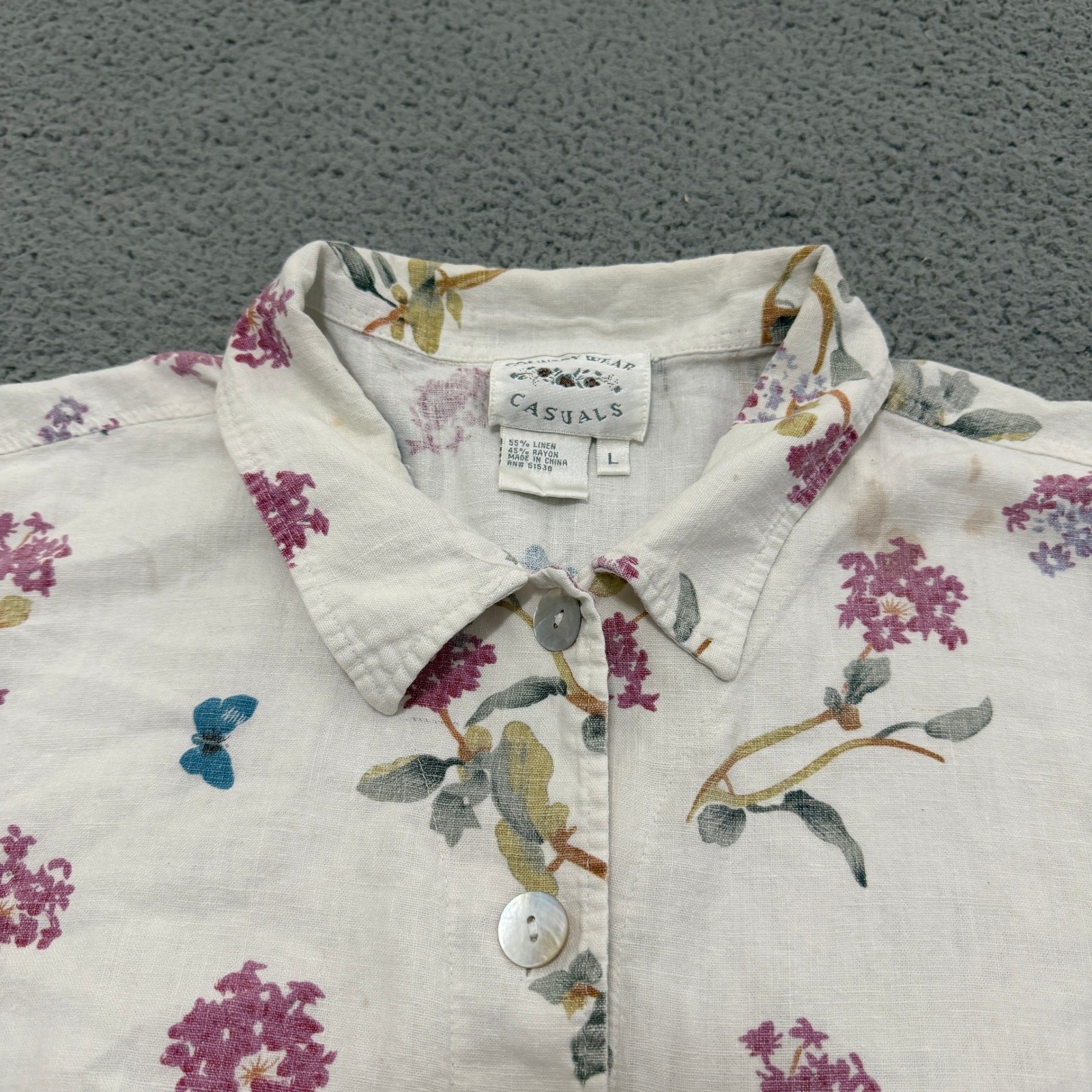 Country Wear Casuals Linen Blend Floral Butterfly Button Up Top Womens Large 90s