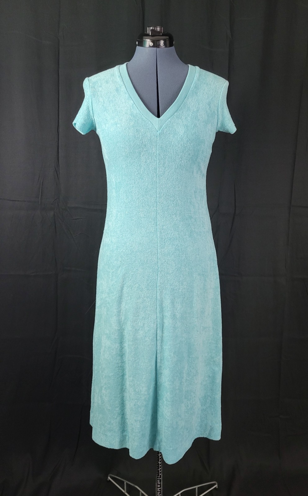Vintage Turquoise Blue Terry Cloth S/S Dress/Cover-Up w V-Neck Size 32 (XS)