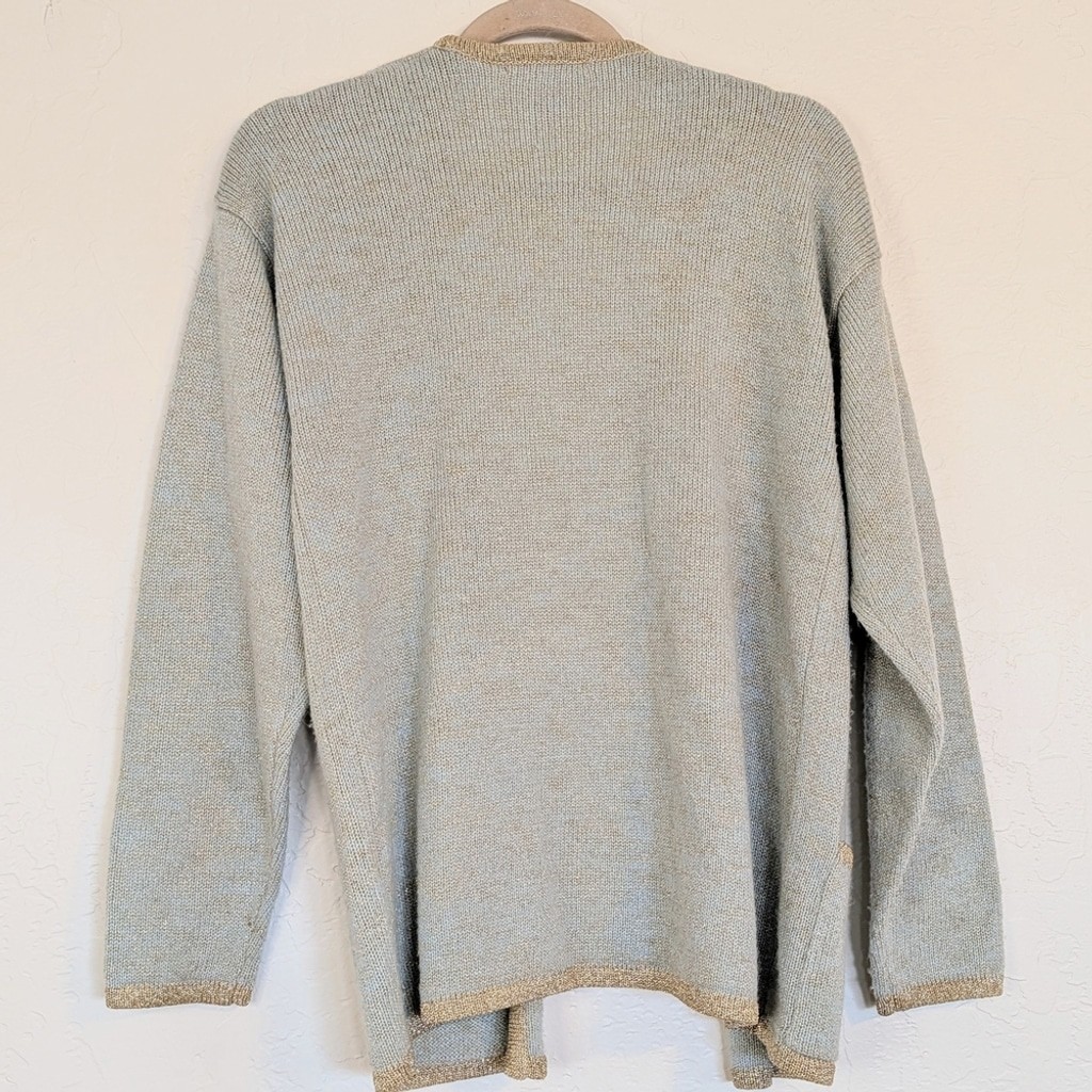 VTG Cardigan Short Sleeve Sweater Set Light Mint Green Gold Trim 80s Grandmacore
