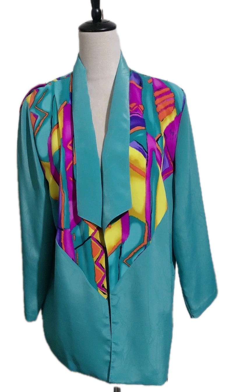 VTG City Girl California Blazer Jacket Color Block Teal Purple Yellow 46 Bust