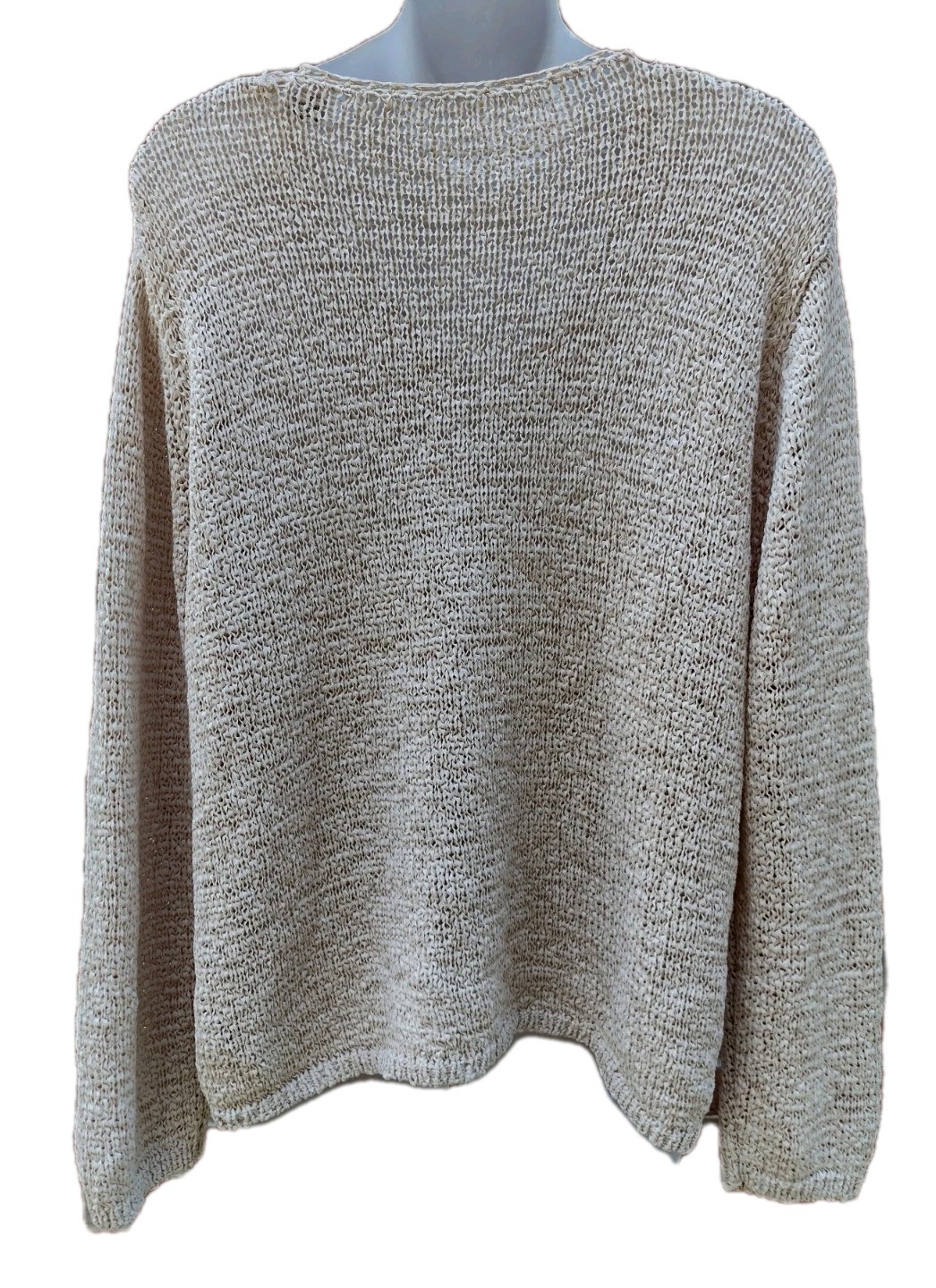 Open Knit Cardigan Sweater 1X Vintage 80s Oatmeal Tape Yarn Shell Buttons Boho