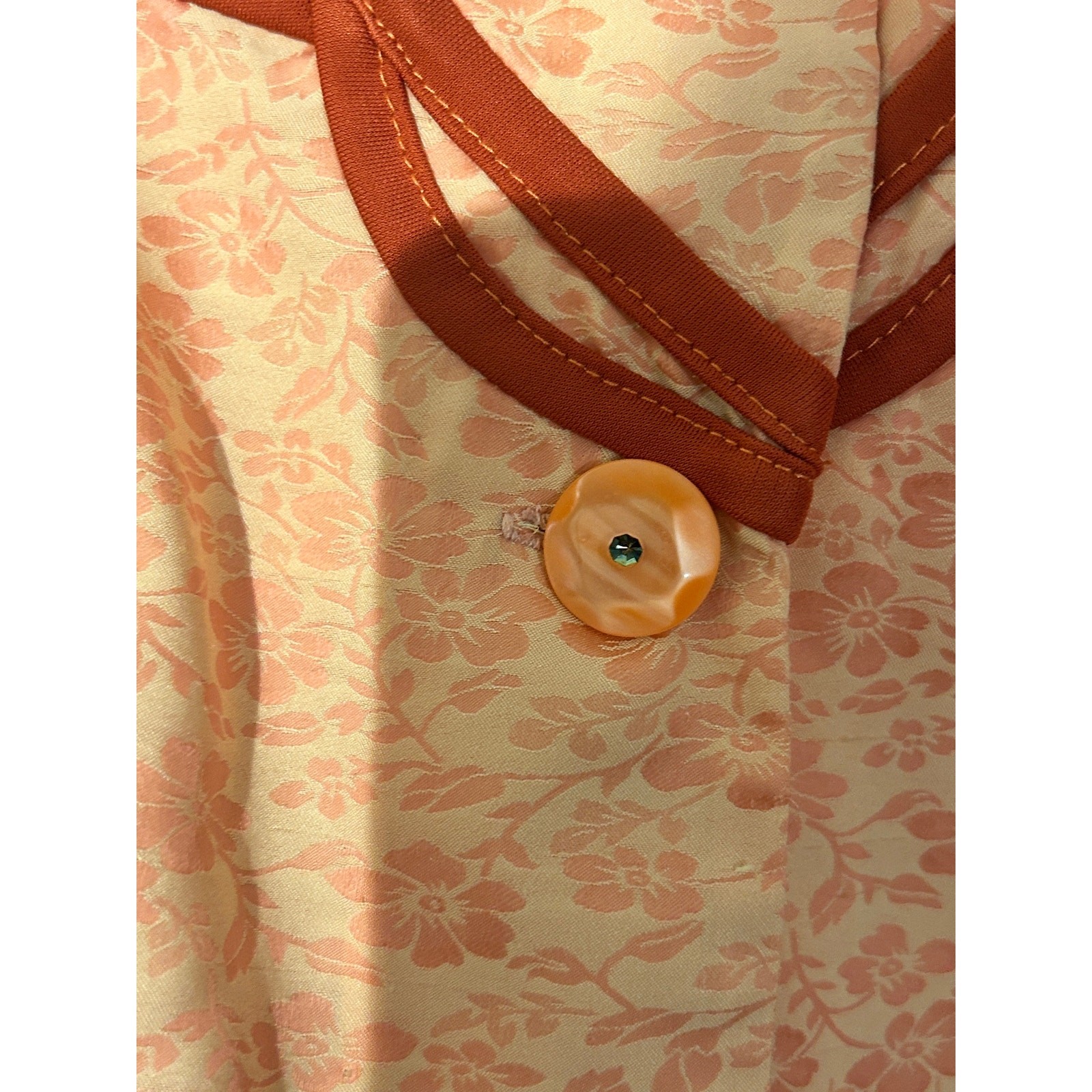 Vintage 1960s 1970s Coral Peach Brocade Blouse Shirt Western Contrast Trim Mod