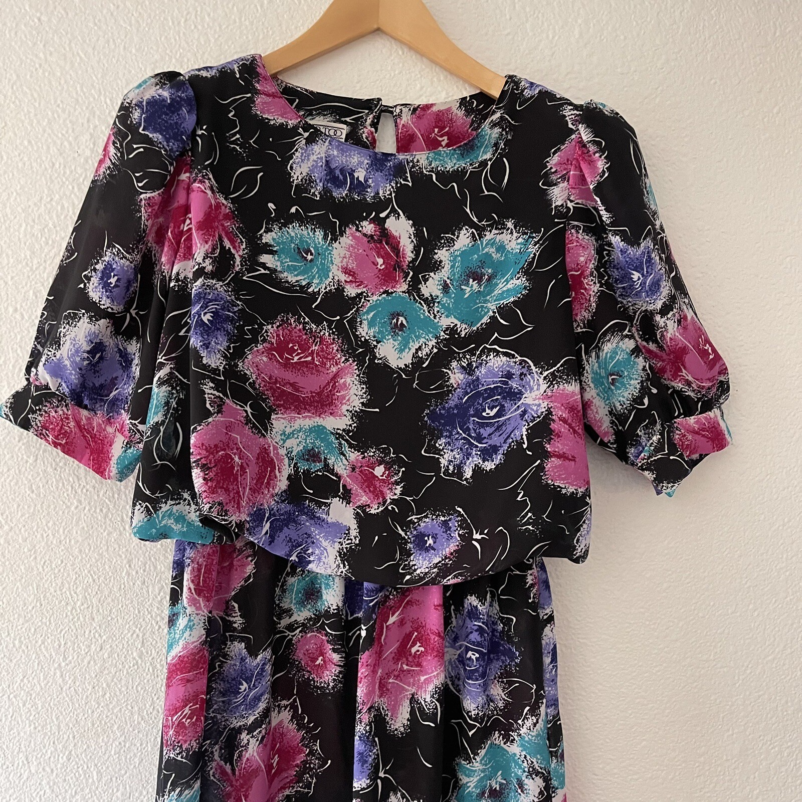 80’s Vintage JB Too Blouson Puff Sleeve Semi-Sheer Floral Dress Multicolor