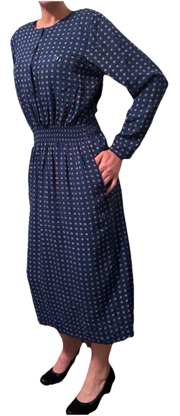 Vintage Dress Medium Blue Red Geometric 80s Does 40s Geek Chic Librarian