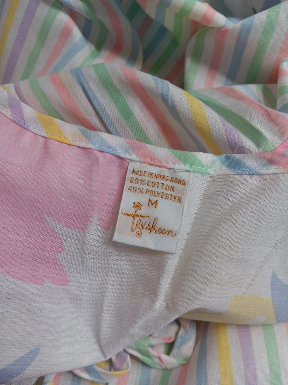 Vtg NWT Texsheen Nightgown Pastels Striped Floral Med Hong Kong Cottagecore