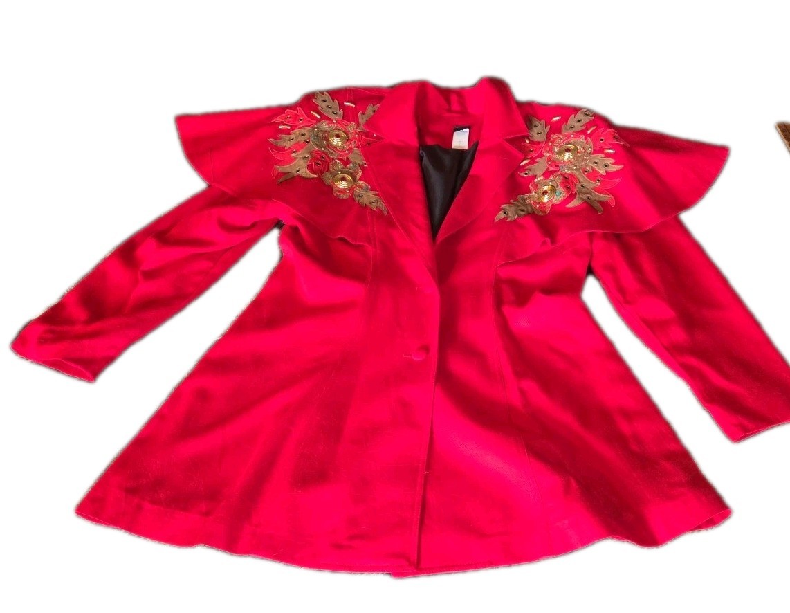Vtg 80’S IIF Red Glam Pantsuit Sz 10 Mini Cape Jacket & Pants Statement Emblshd