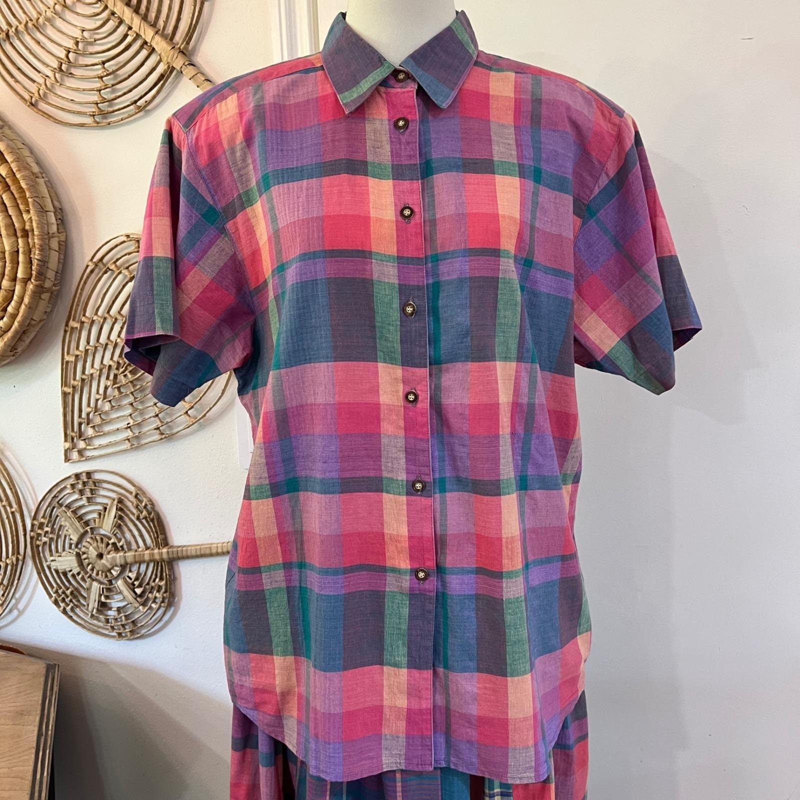 Vintage David Brooks Plaid Two Piece Skirt Set Pink Purple Cotton Preppy 90s 14
