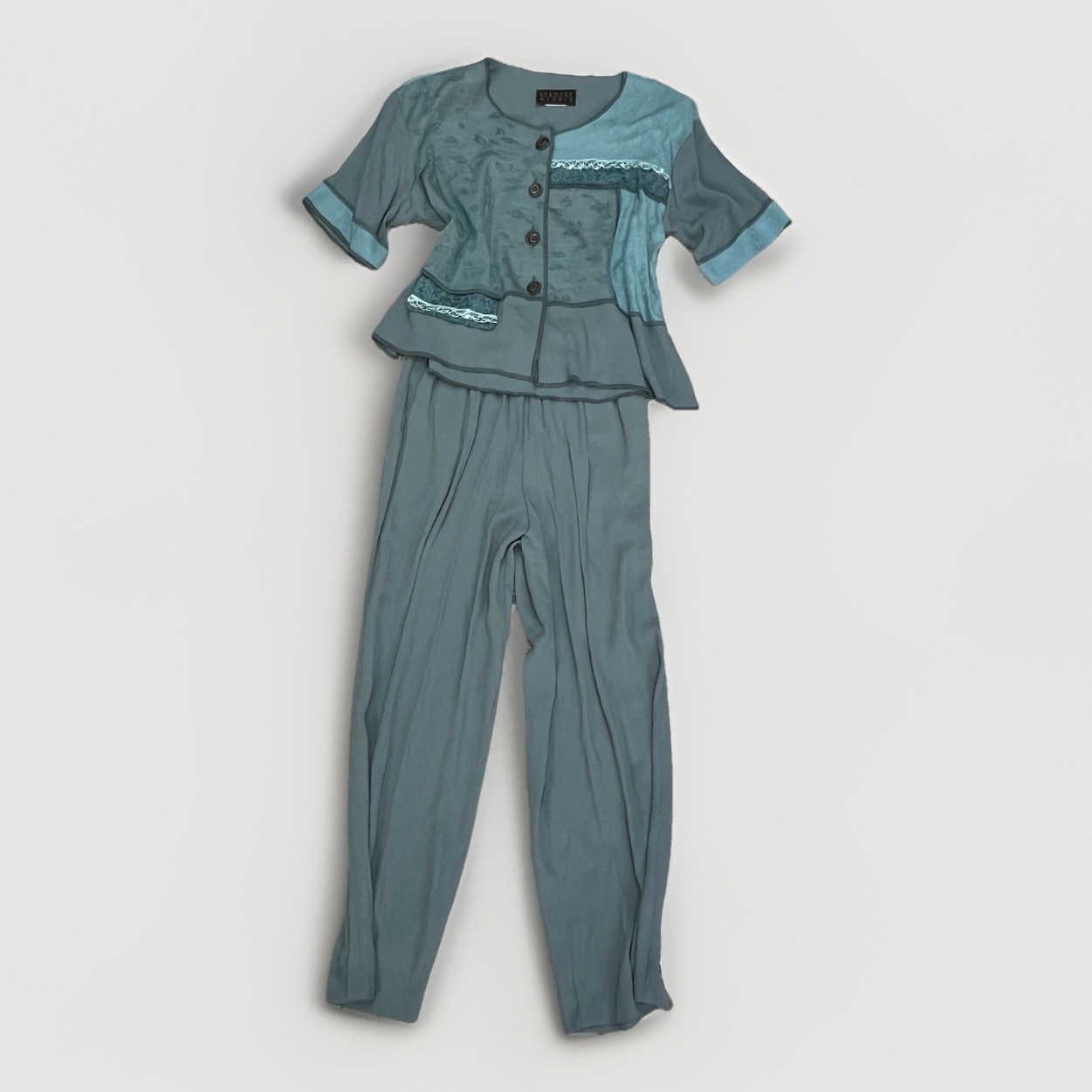 Vintage Spencer Alexis Blue Patchwork Boho Pant Blouse Set Size 10 Womens