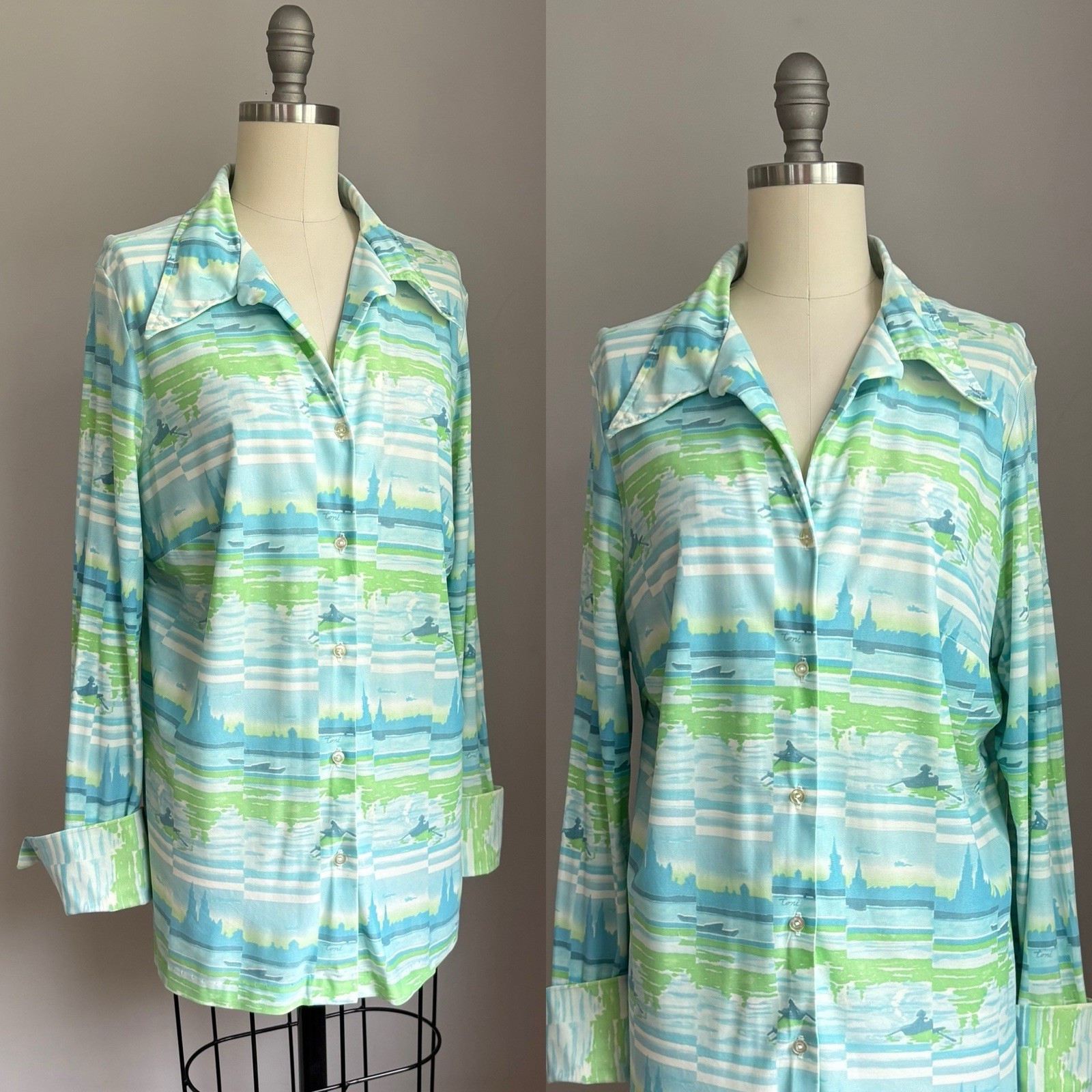 Vintage 1970’s Toni Row Boat Cityscape Print Dagger Collar Button Down Shirt L