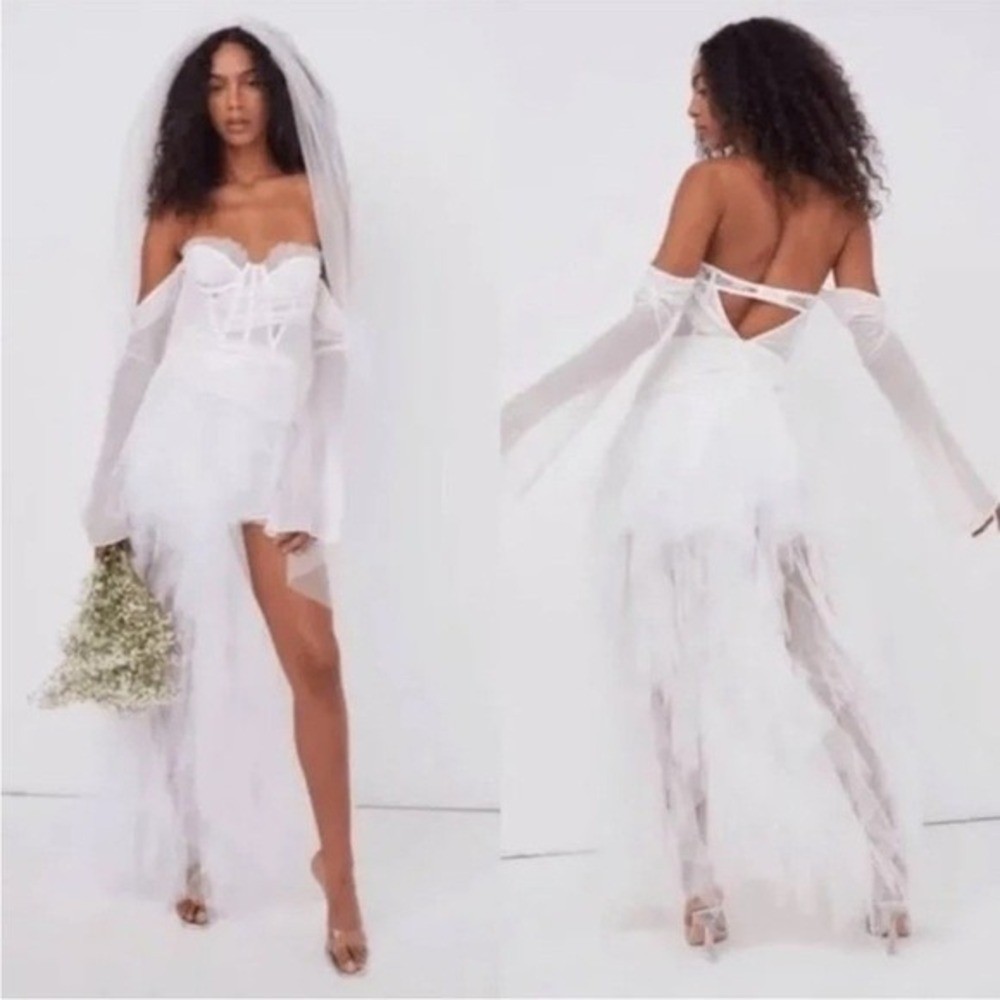 For Love & Lemons Eve Ivory Lace Corset High-Low Tulle Gown Sz Large Wedding