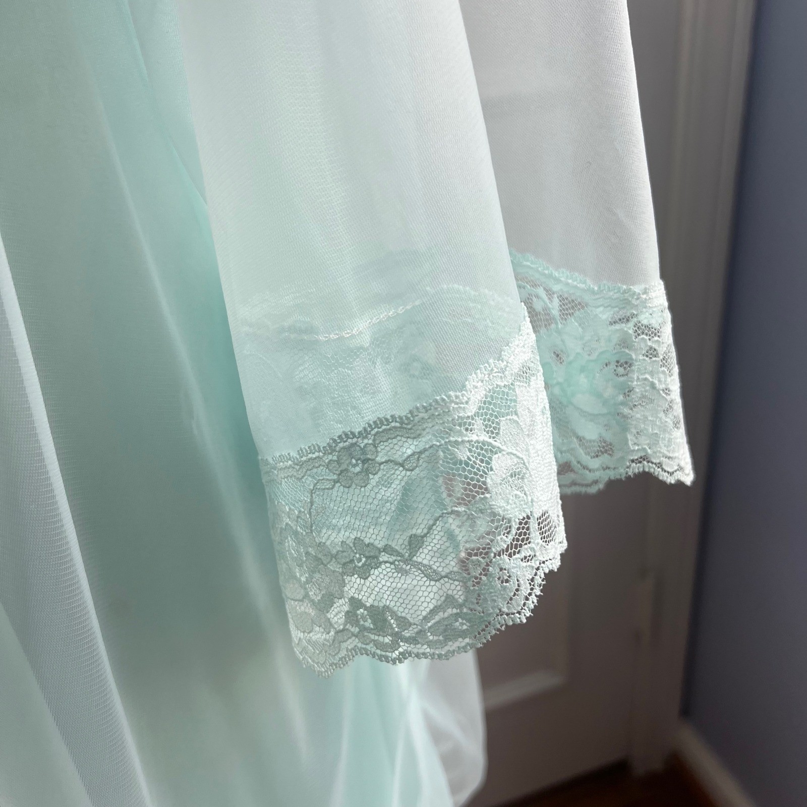 70s Vintage Pandora Lingerie Babydoll Robe Set Lace Mesh Aqua Blue Womens Small