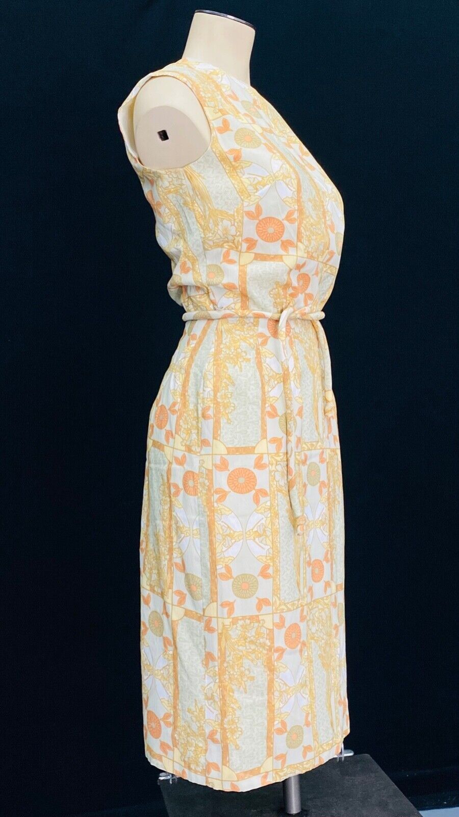 Vintage 1960s white Asian style dress, tan brown orange gold floral summer XXS