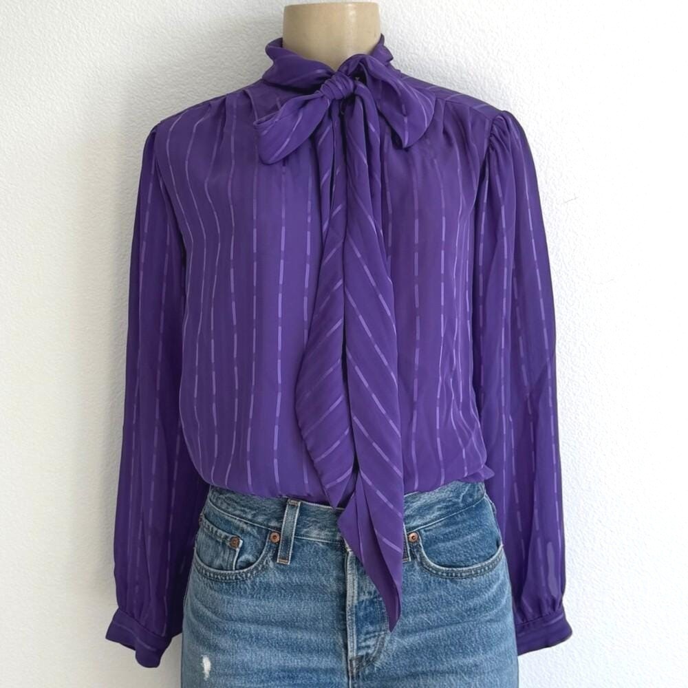 Nordstrom Vintage Purple Pinstripe Tie Neck Blouse Dark Academia Office Siren 12