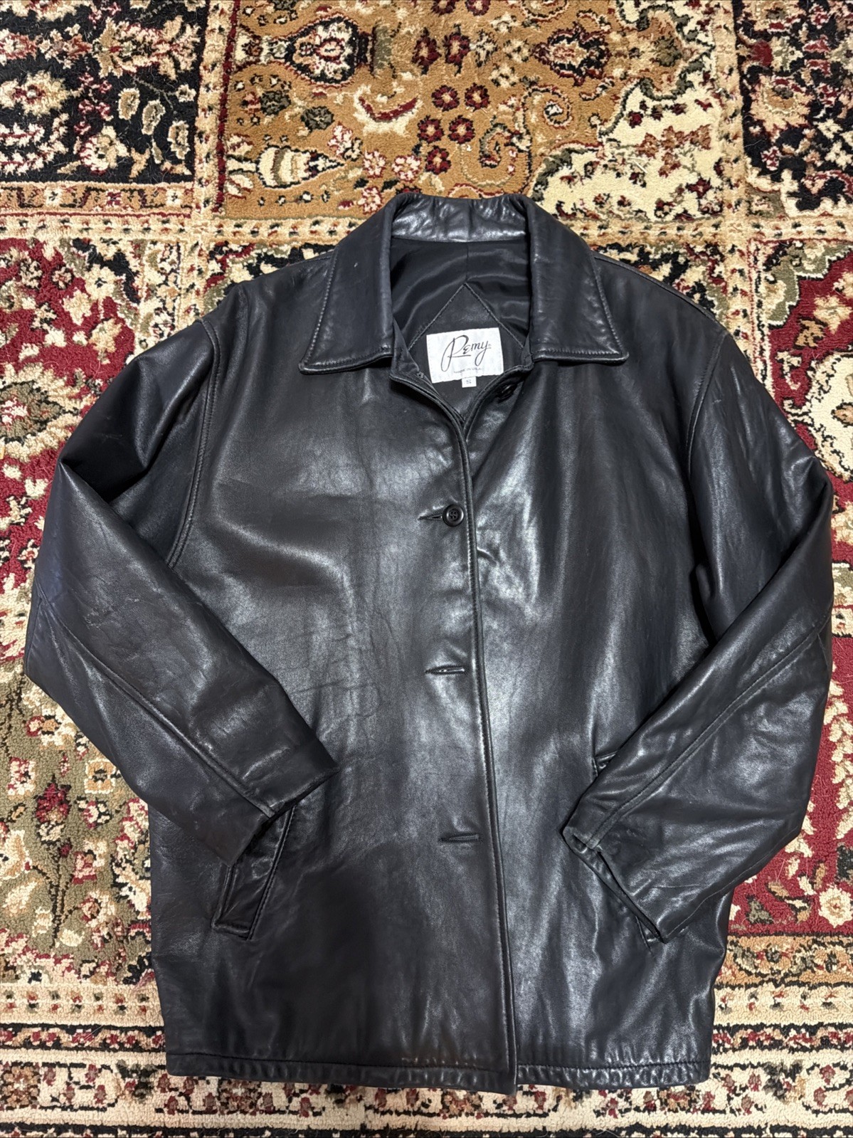 Vintage small Women’s Black Button Down Leather Remy coat Satin Interior Lining