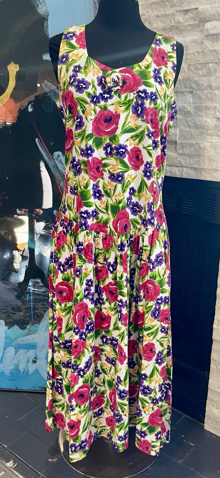 Vintage 80s Floral Cotton Dress With Pockets Size S/M Cottagecore