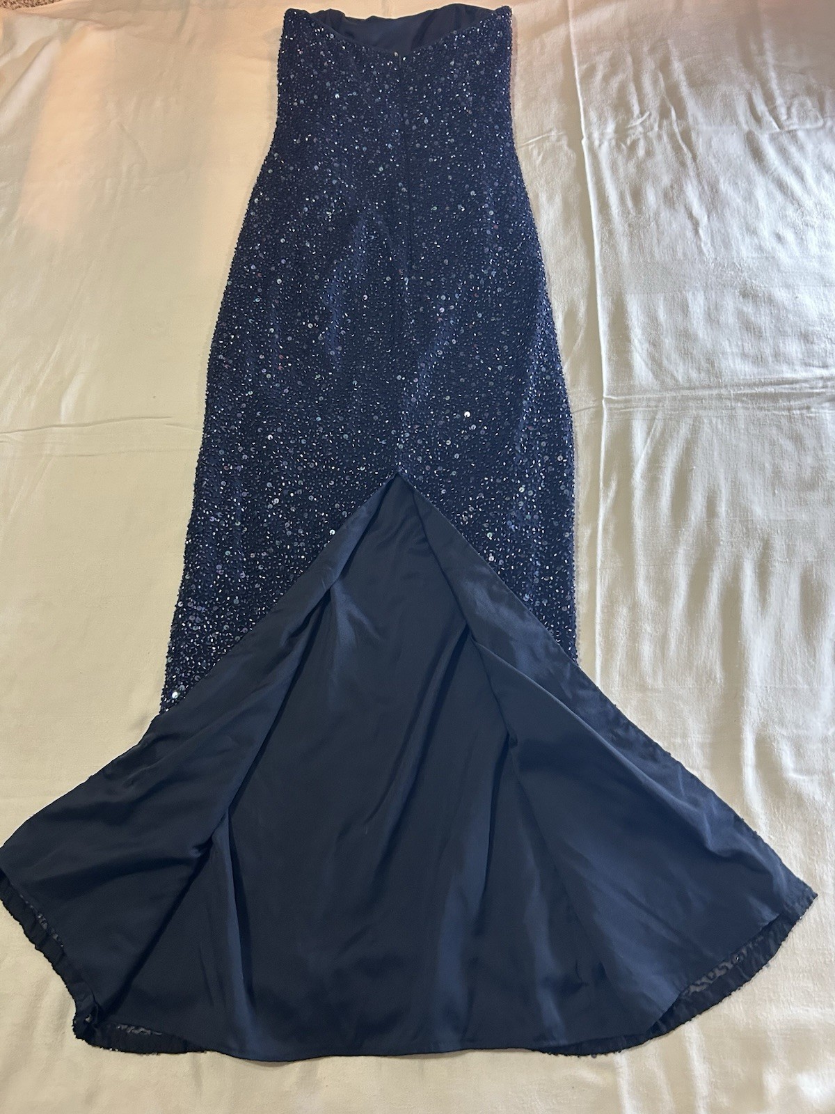 Vintage 90s Handbeaded Silk Maxi Gown Navy Strapless XS Panoply Goth Vampy