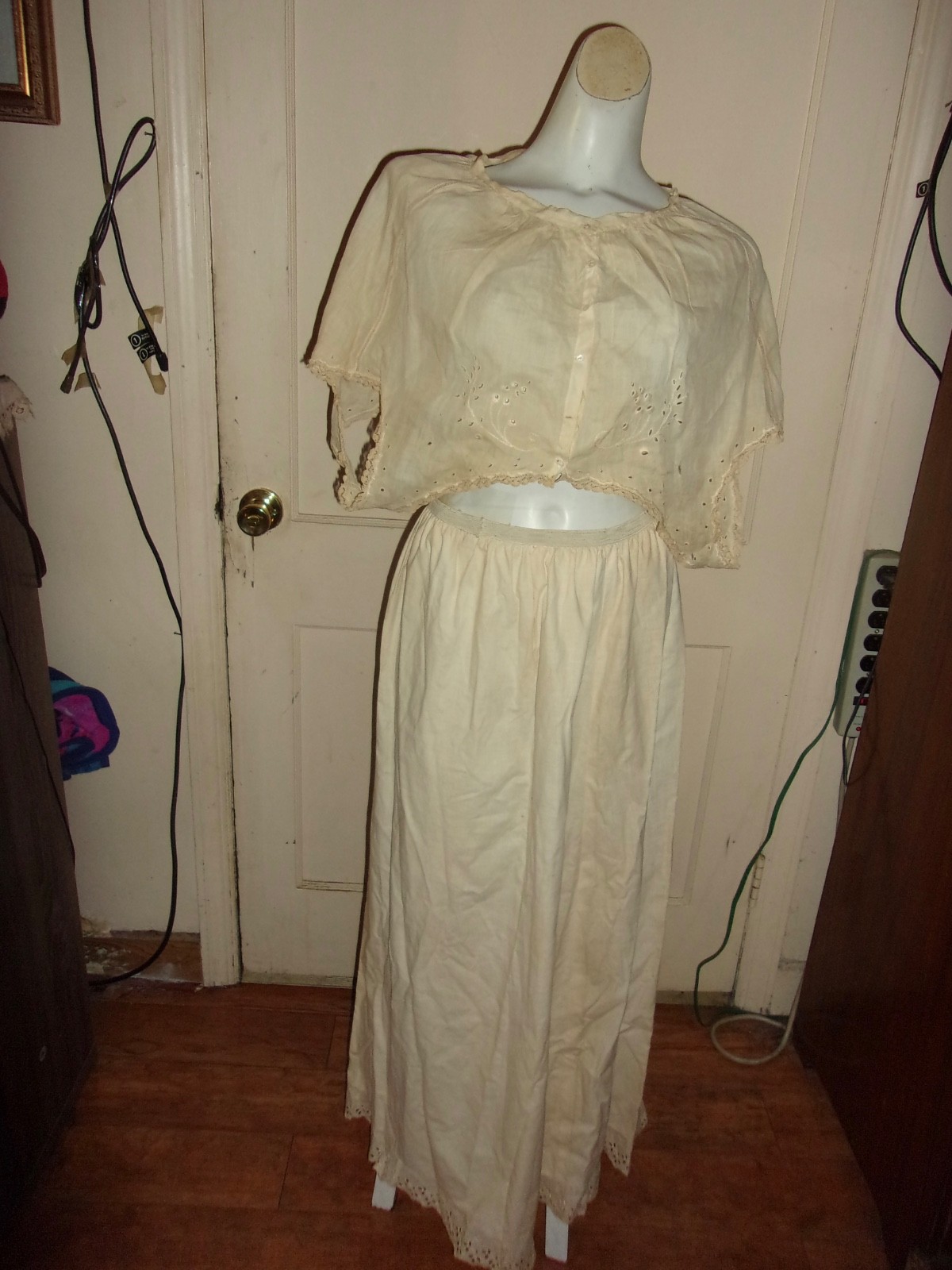 Antique Edwardian Camisole /Petticoat Tan Cotton Embroidered Eyelet Lace