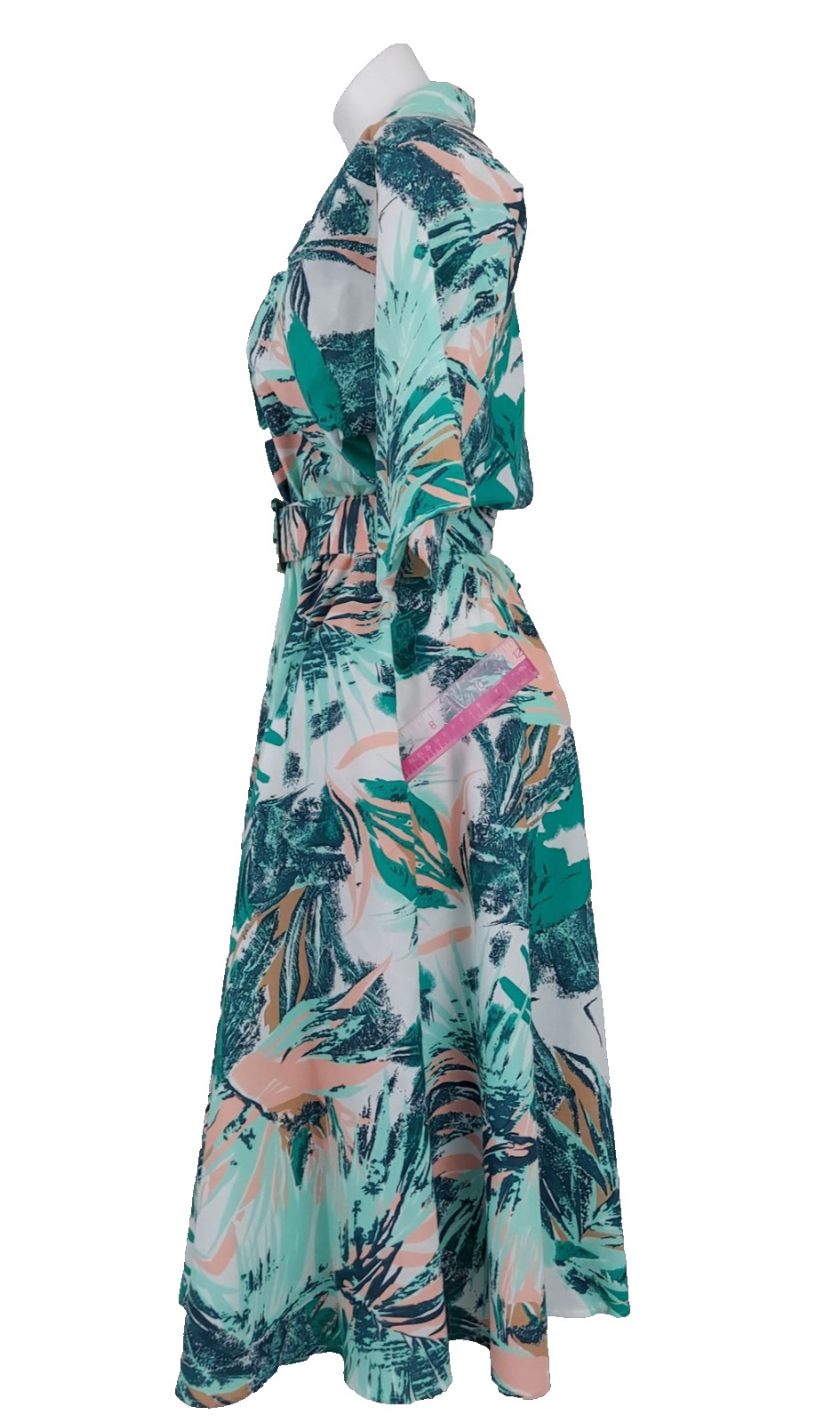 Vintage 80s Caliche Abstract Shirt Dress Belted Teal Button Front Midi Sz 8